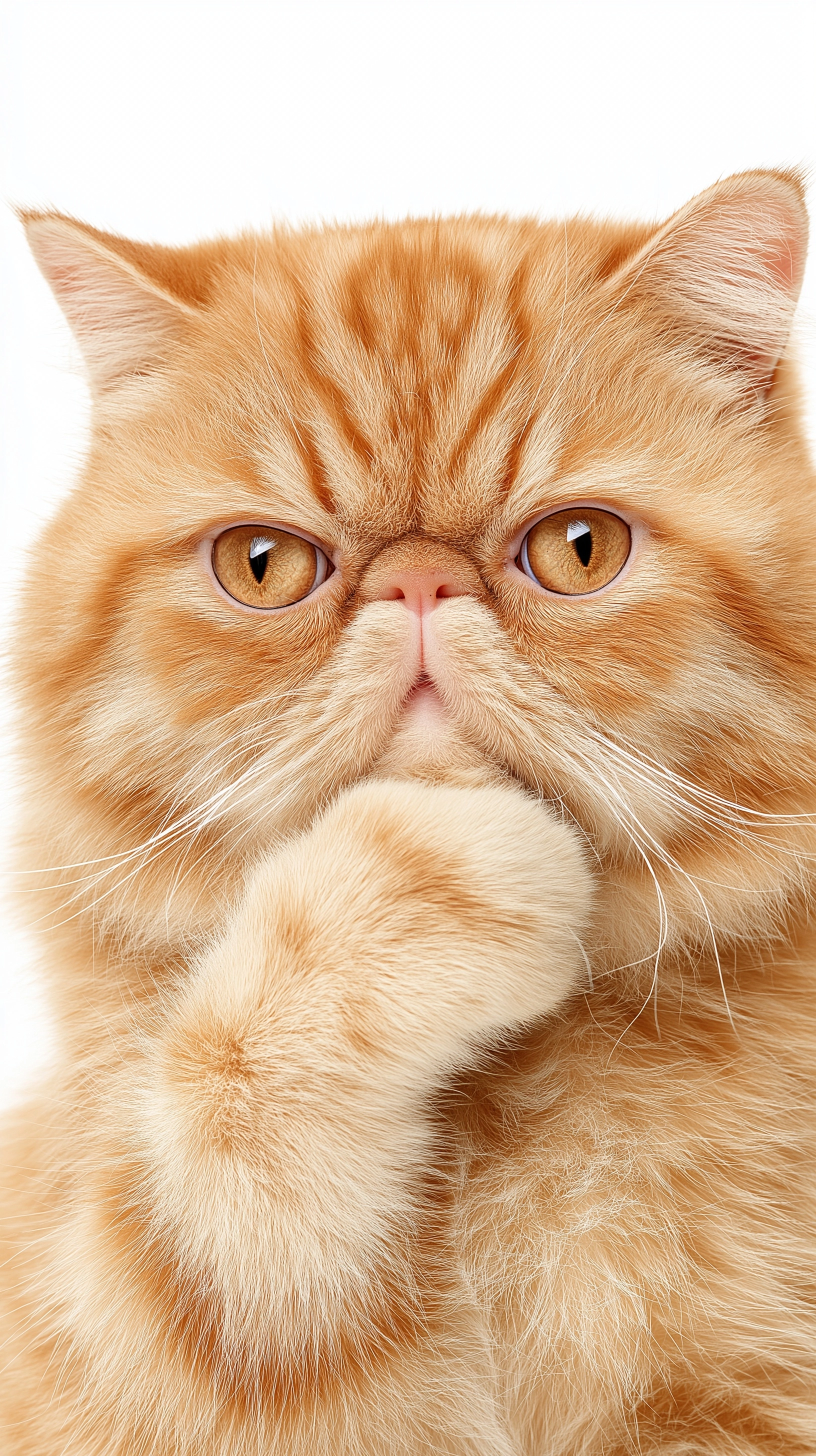 Photorealistic studio portrait of an Exotic Shorthair cat, head-and-shoulders (upper body)
