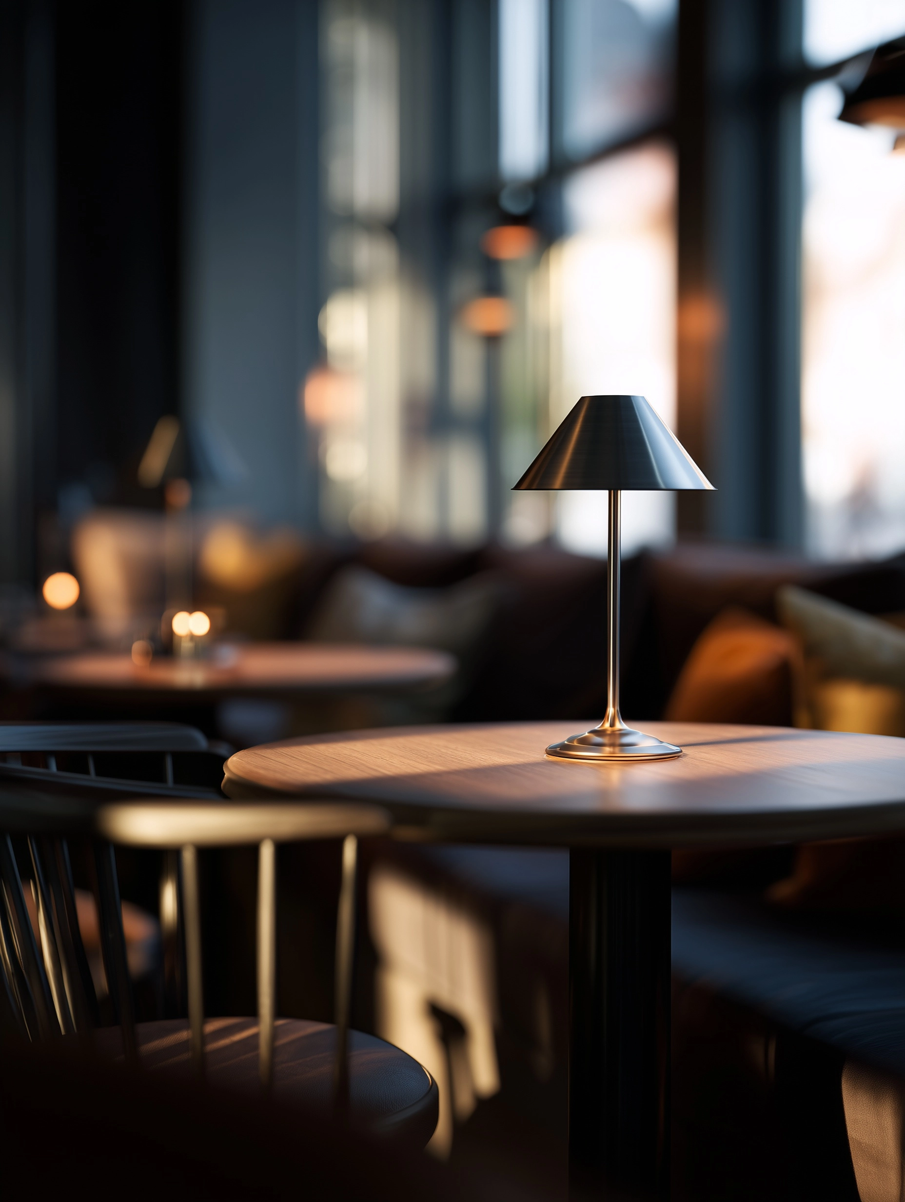 Editorial photograph of a refined cafe interior, a modern metal table lamp on a table, a soft