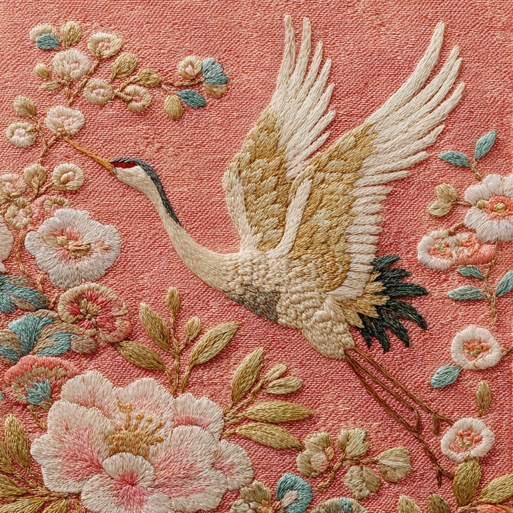 Plain textured fabric, coral pink with small ornate embroidered small flying crane on right side wit