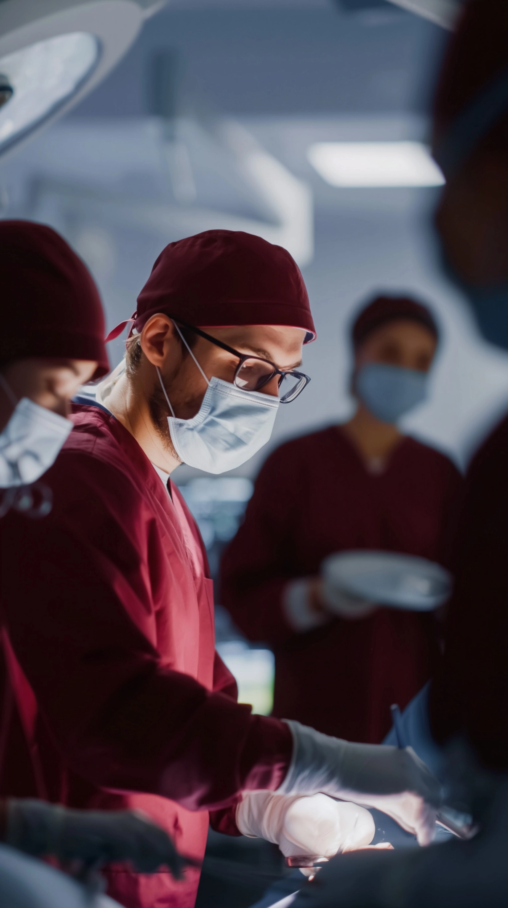 Realistic hospital operating room, young Caucasian male doctor in burgundy surgical scrubs