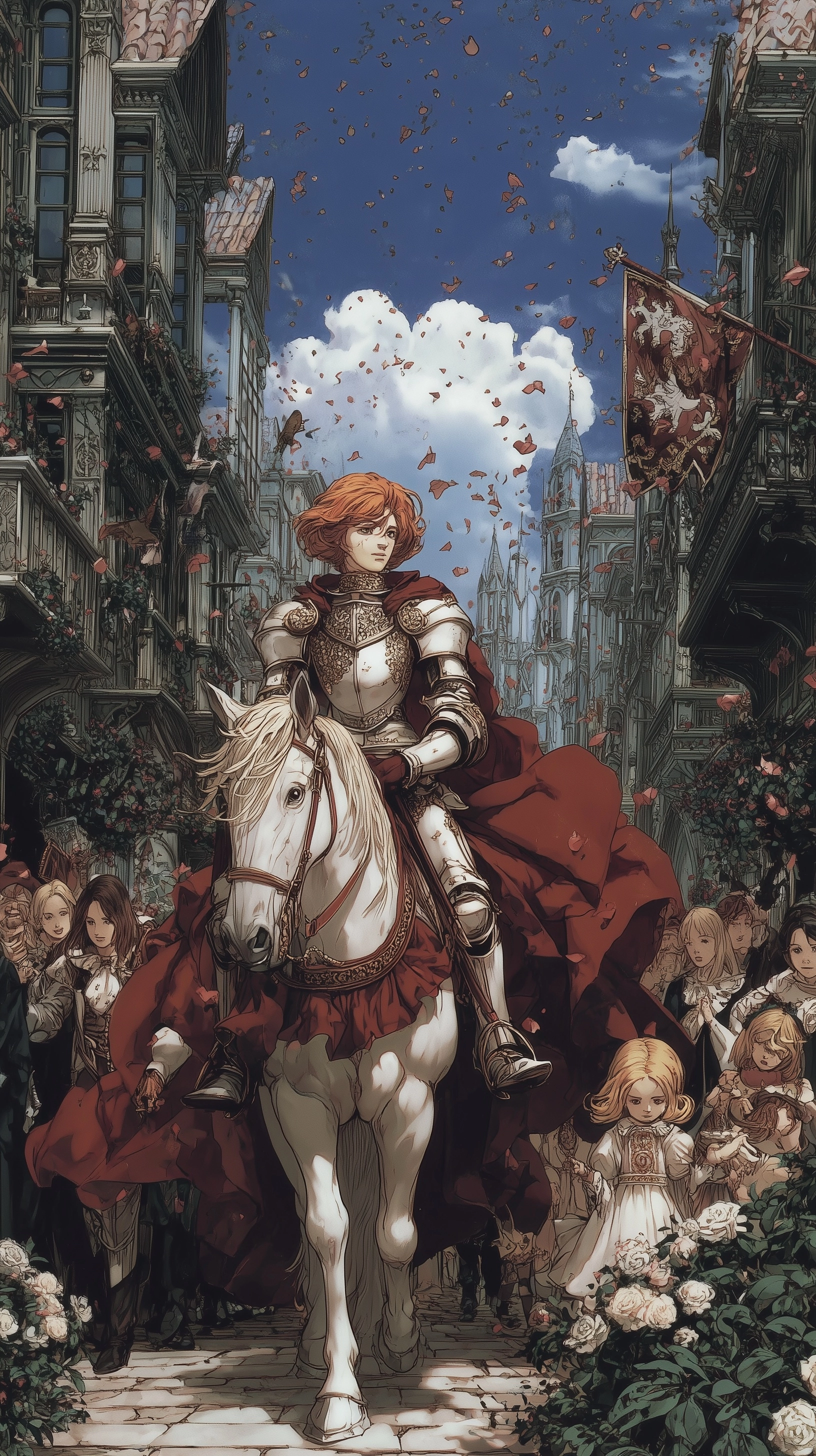 Light fantasy, medieval painting of a resplendent knight returning in triumph through a grand city s