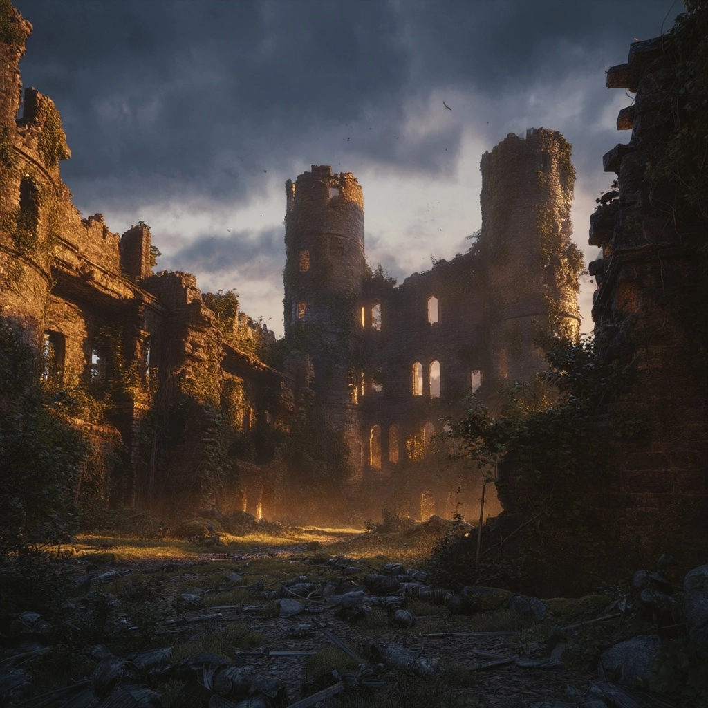 Ruined castle with crumbling towers and broken walls, overgrown with vines and moss