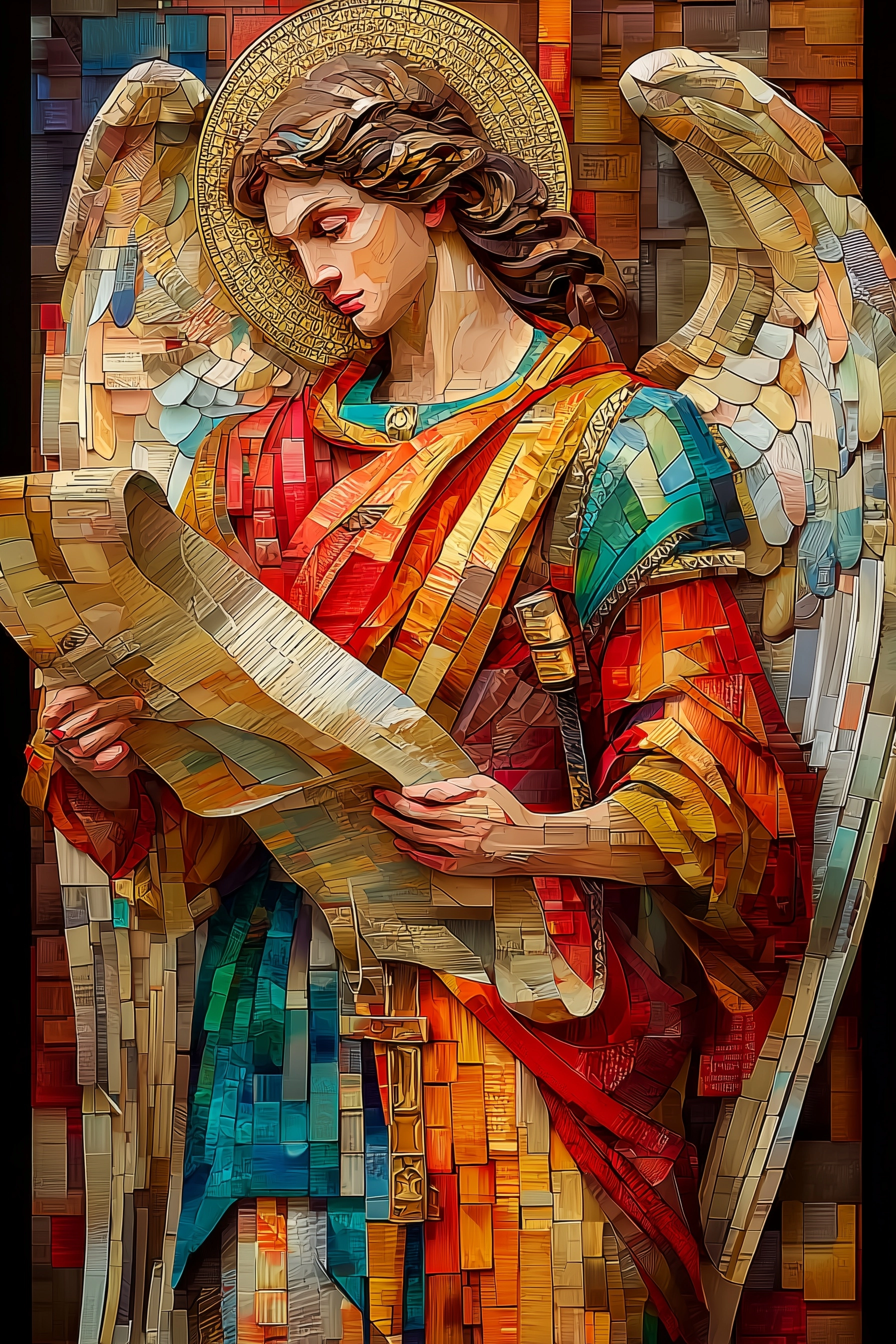 Saint Gabriel the Archangel in a mosaic, in the style of josef kote, precisionism influence