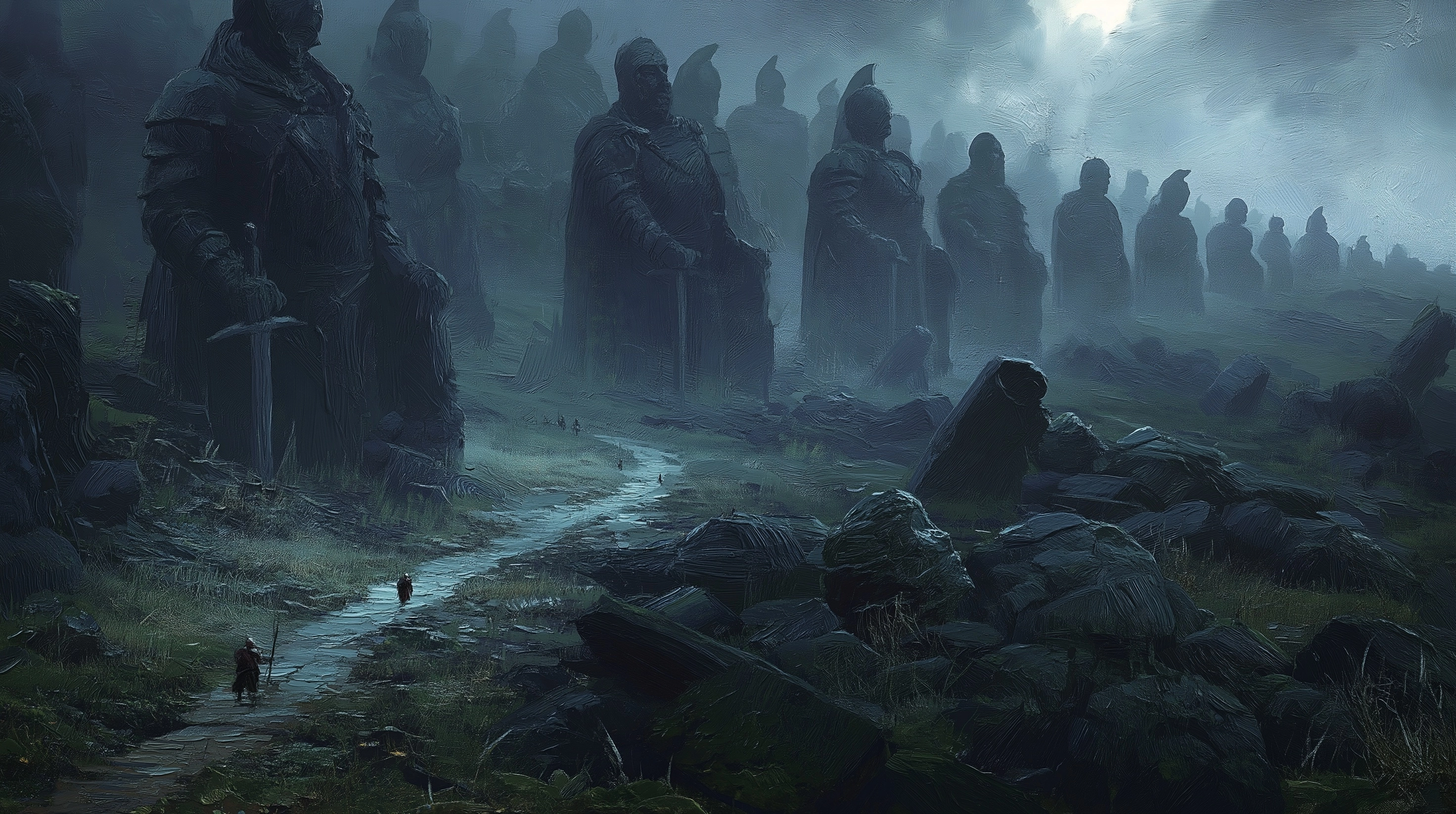 Semi-realistic dark fantasy oil painting, a vast landscape filled with thousands of giant stone stat