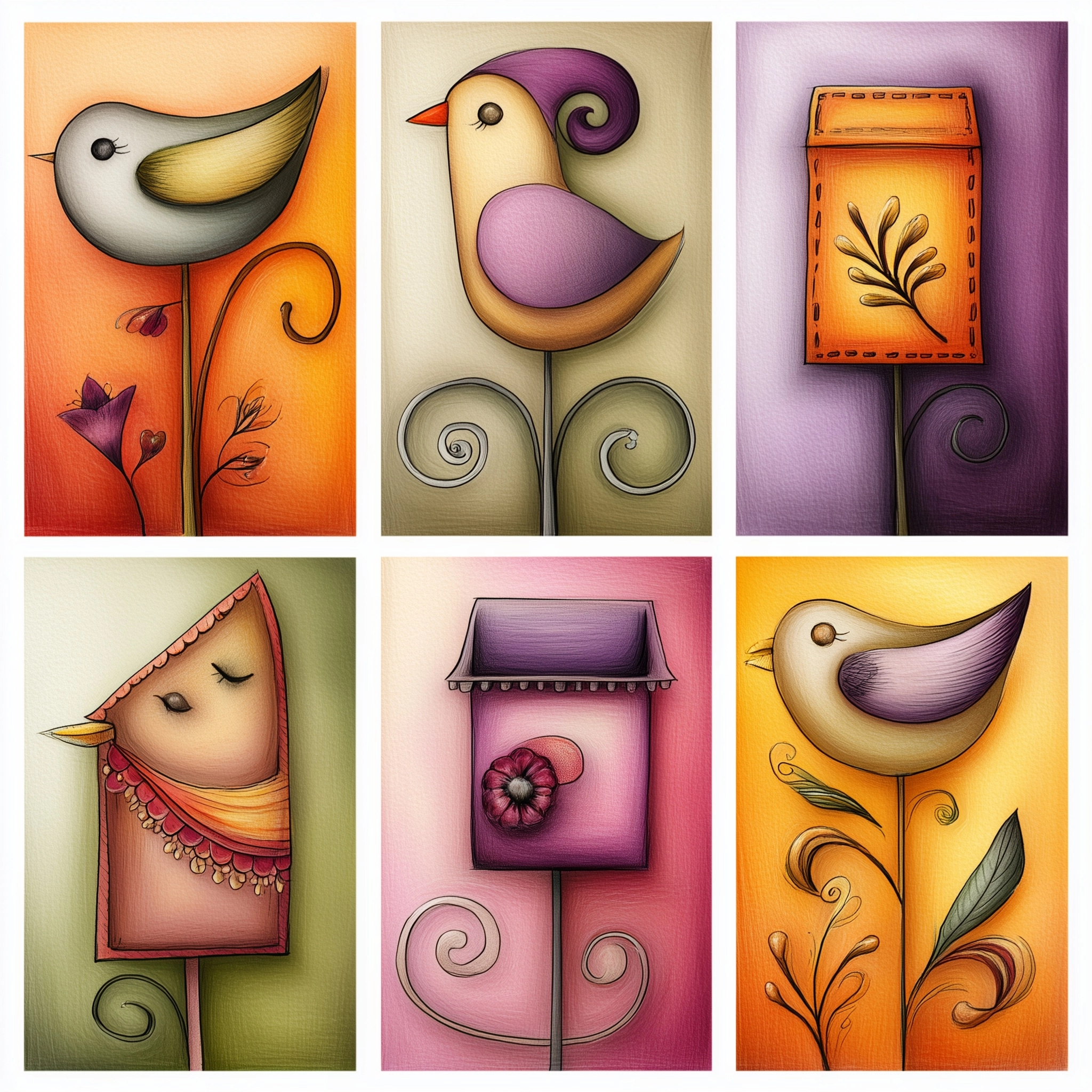 Set of nine whimsical postage stamps. isolated on white background.