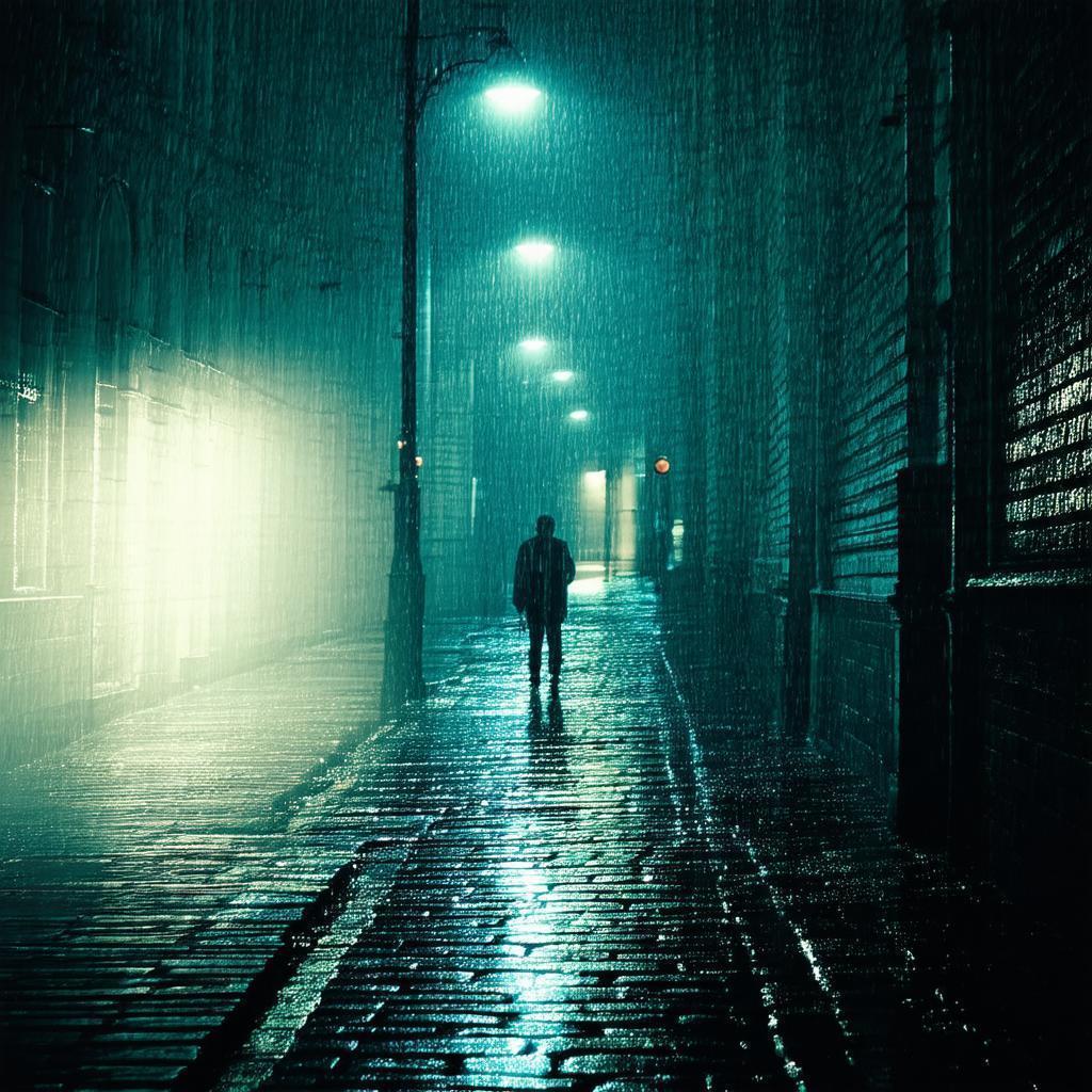 Lone Figure Under a Streetlight in Rain