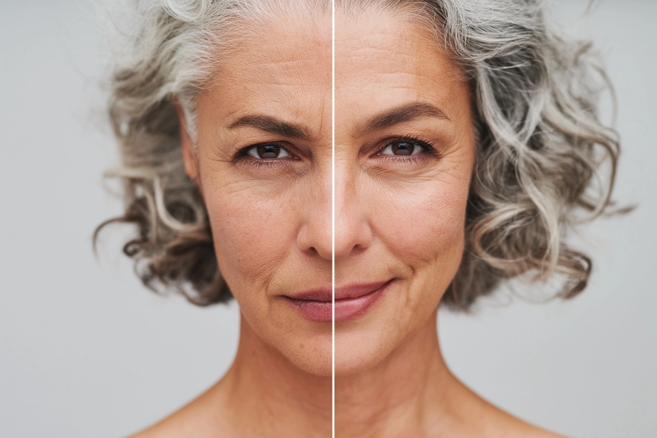 Split image of the same woman: left side with active frowning expression showing pronounced forehead