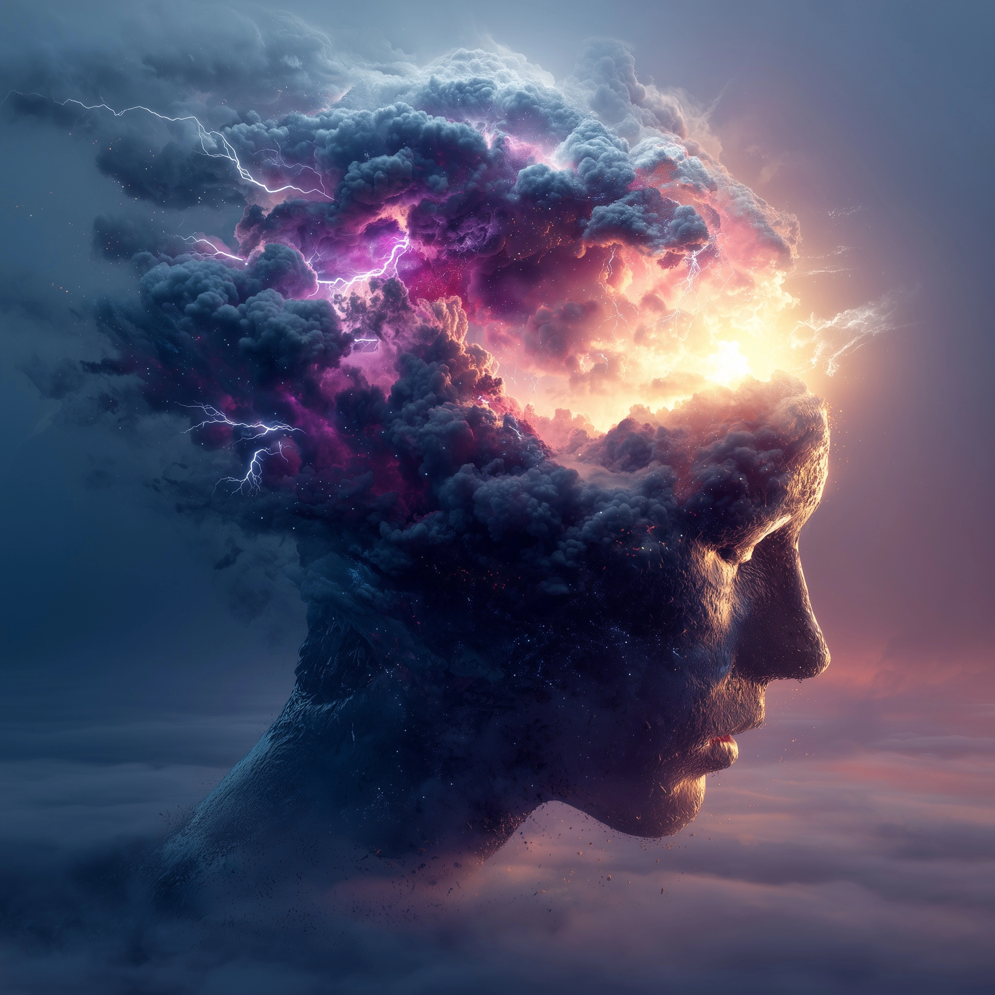 Surreal introspective scene of a human head or upper body, centered composition