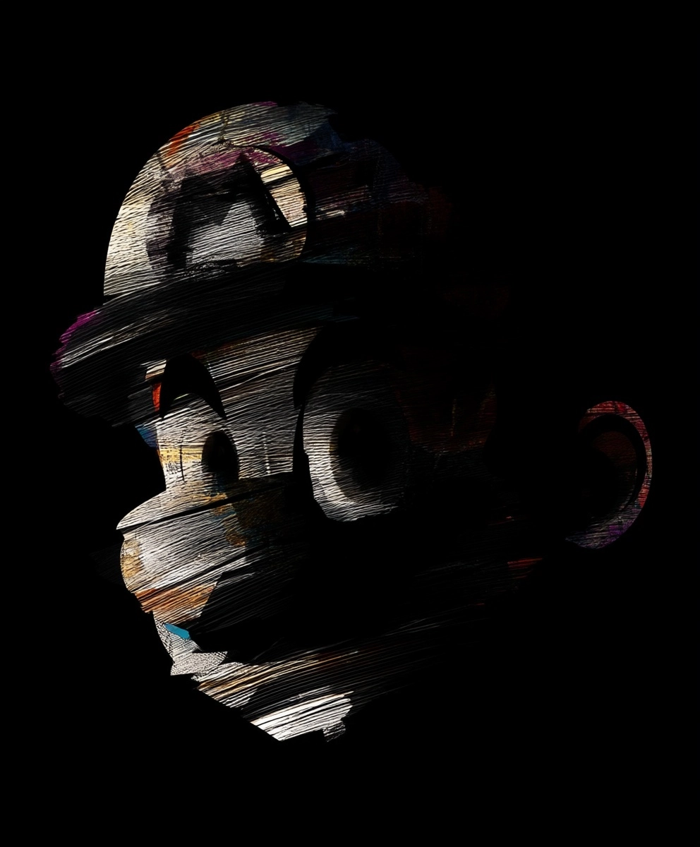 T-shirt design of Super Mariu Bros from Nintendo, emblematic pose with oversized hat and mustache