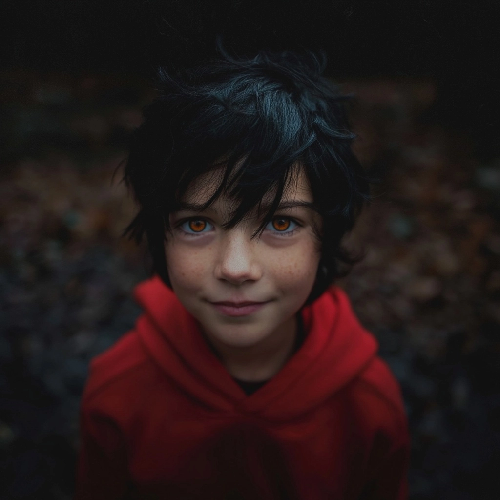 A cryptid nine year old boy in a red hoodie, amber eyes, black messy hair, horror child, smile