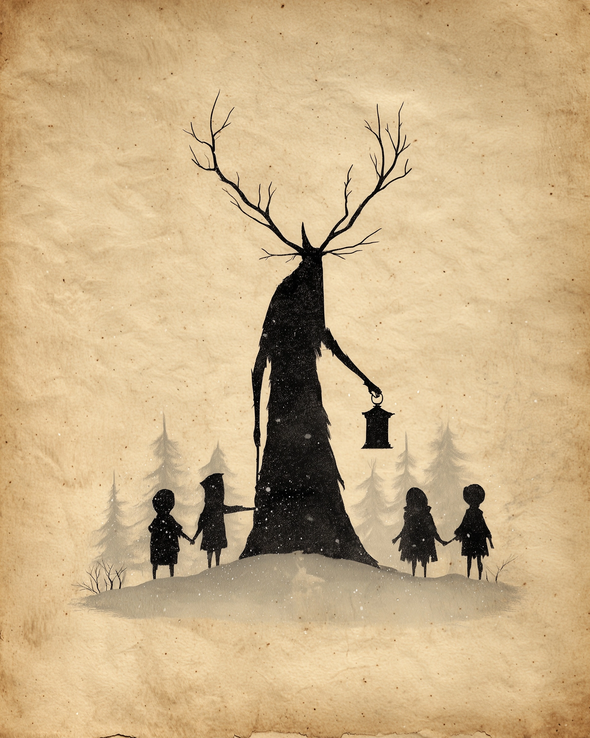 Tall antlered figure silhouette holding a lantern, leading three small child silhouettes through sno