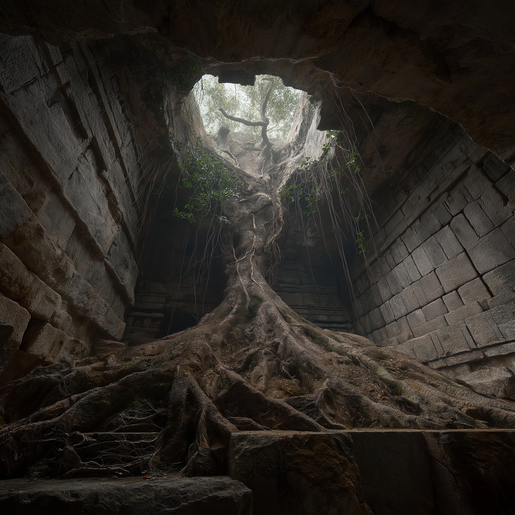 Terrifying underground Mayan ruins chamber, single rectangular enclosed stone room