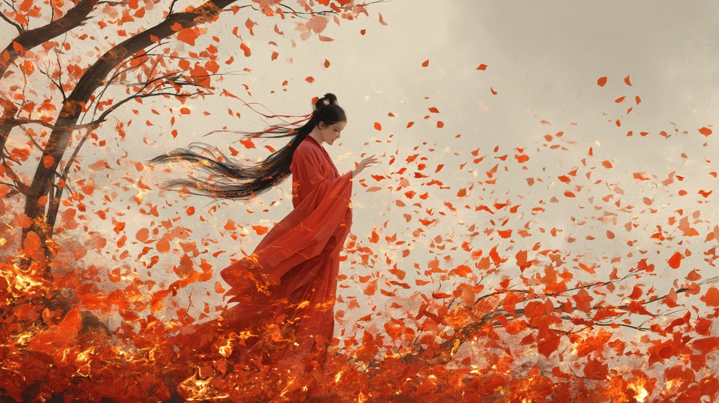 The fleeting moment when burning flower petals are blown by the wind and scatter into the air. Orien