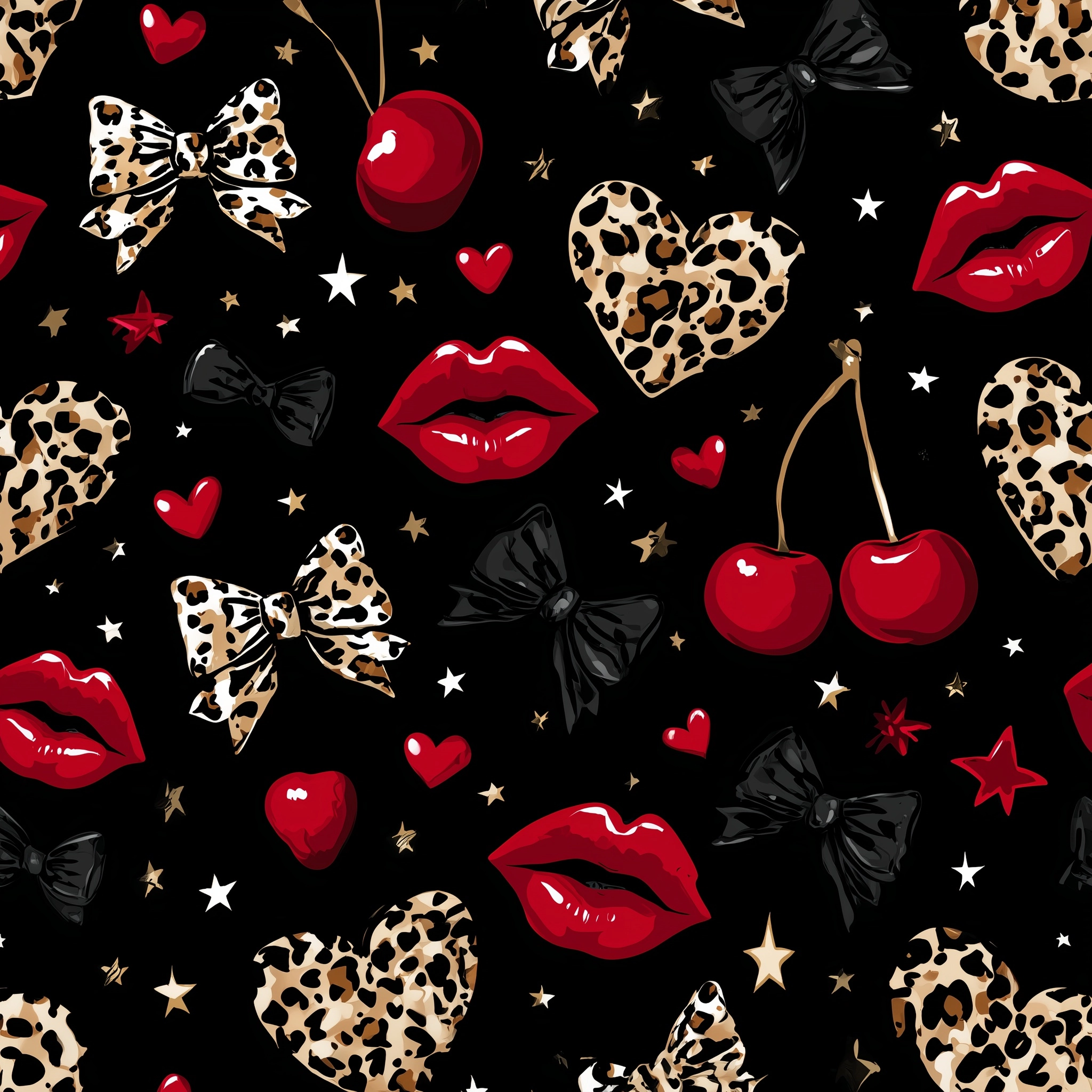 Seamless repeating pattern, leopard print cherries, bold leopard hearts, glossy red lips