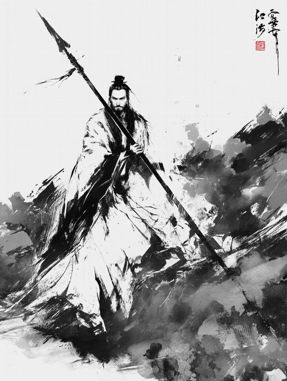 This illustration, in the style of traditional Chinese ink painting
