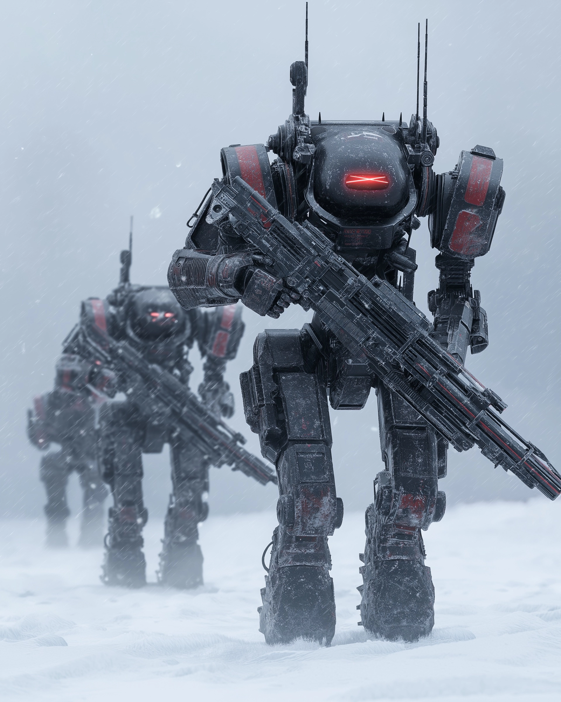 Three identical large sophisticated humanoid military style robot painted worn black and red both ca