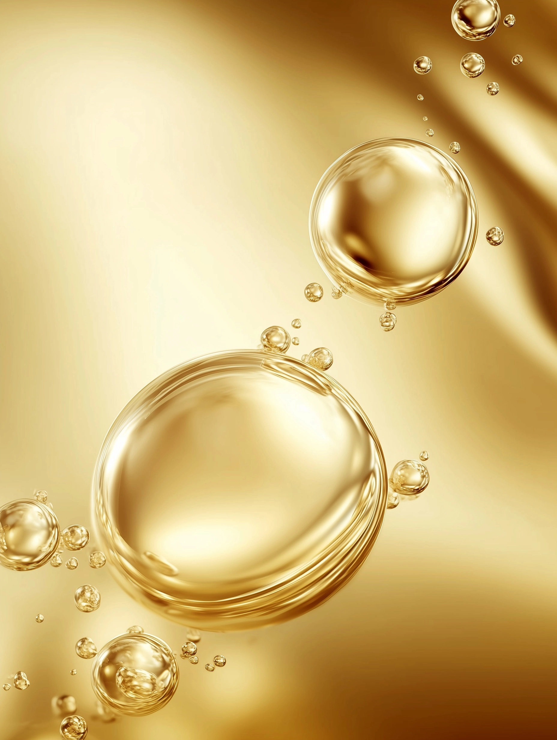 Three large transparent spherical molecules float freely in a light golden abstract environment. The