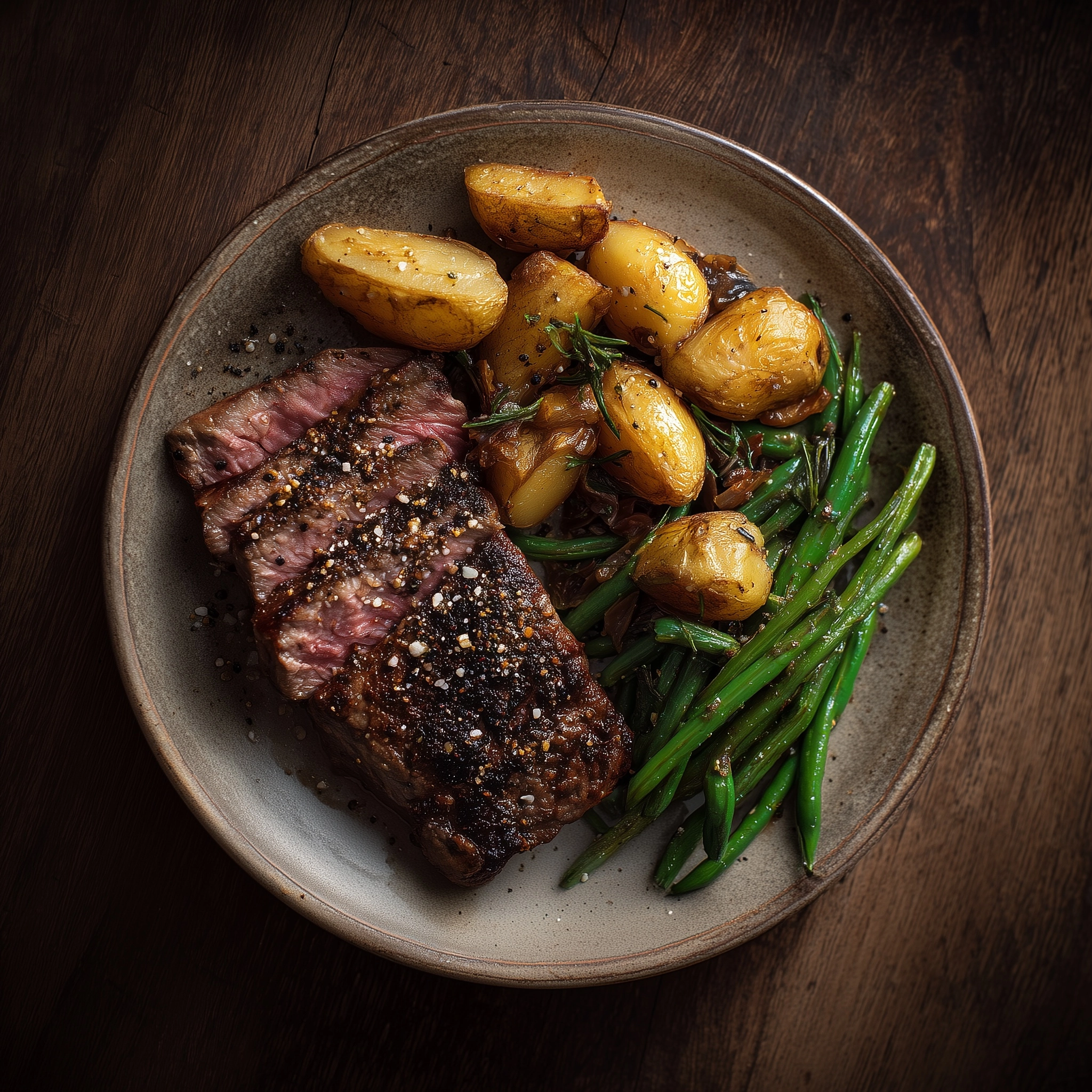 Top-down view of a juicy grilled steak plate, medium-rare ribeye with cracked black peppercorn crust