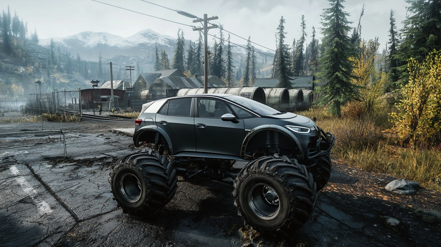 VW ID.3 converted to a monster truck. HUGE tires.