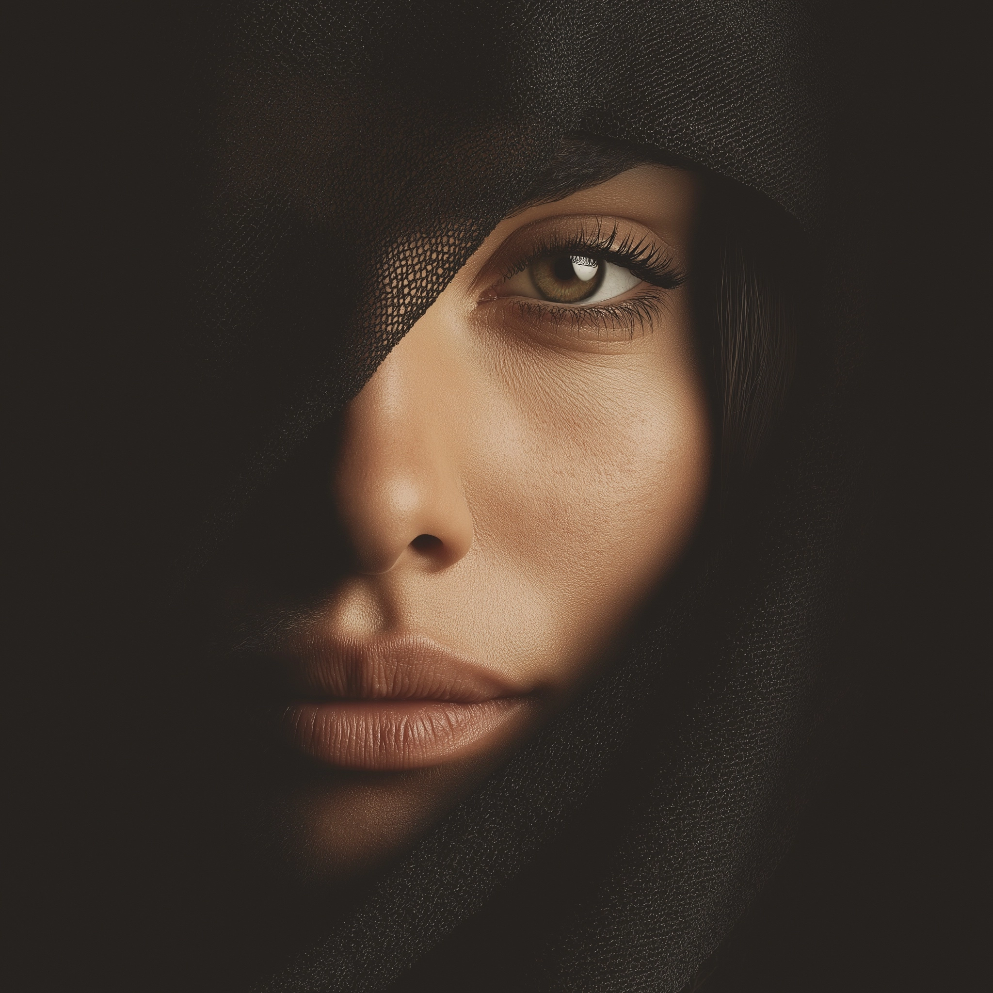 Ultra-realistic portrait of an Arab woman, minimal editorial poster style