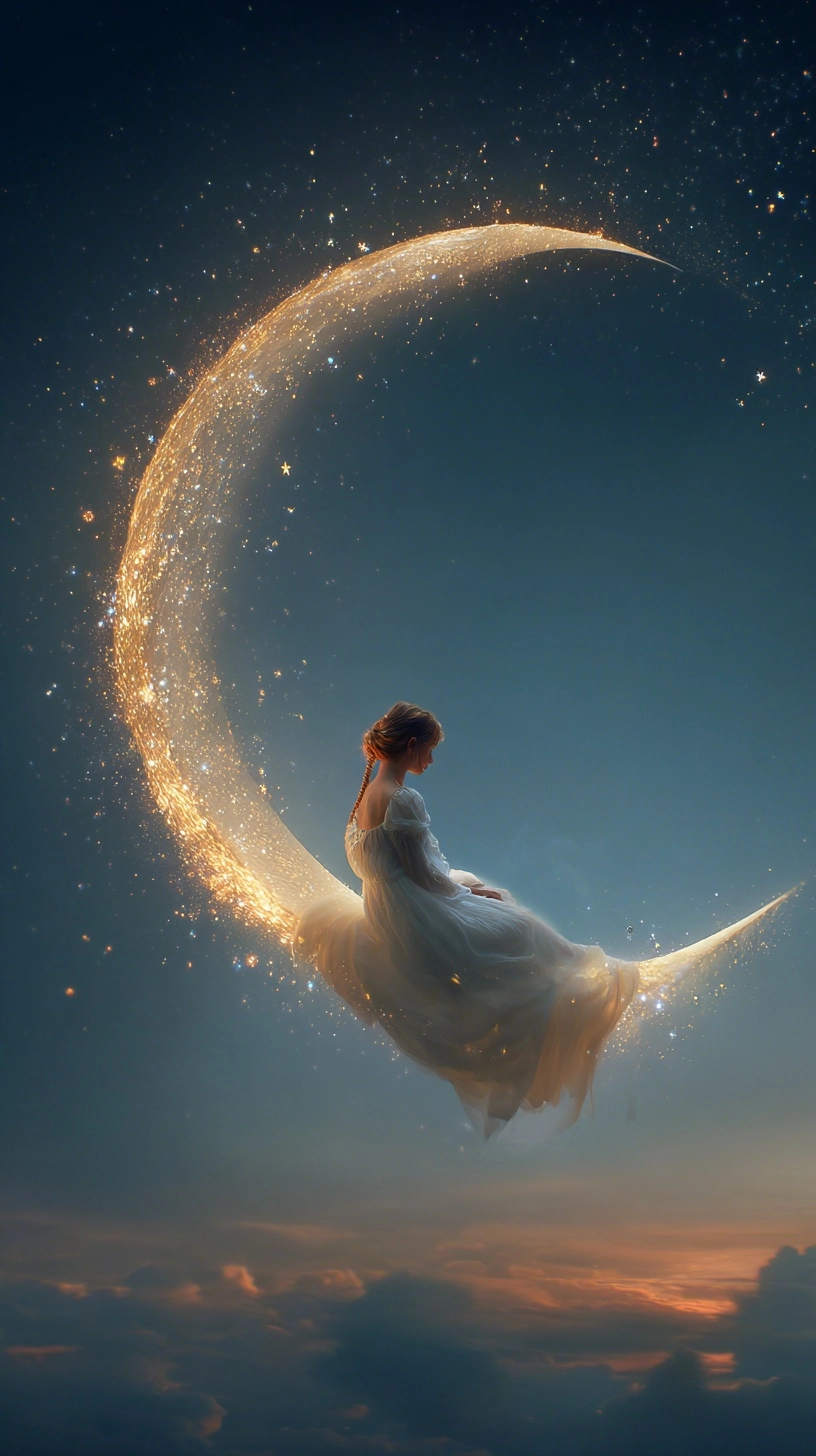A girl in a white dress sitting on a crescent moon, surrounded by stars and a soft glow of light. Th