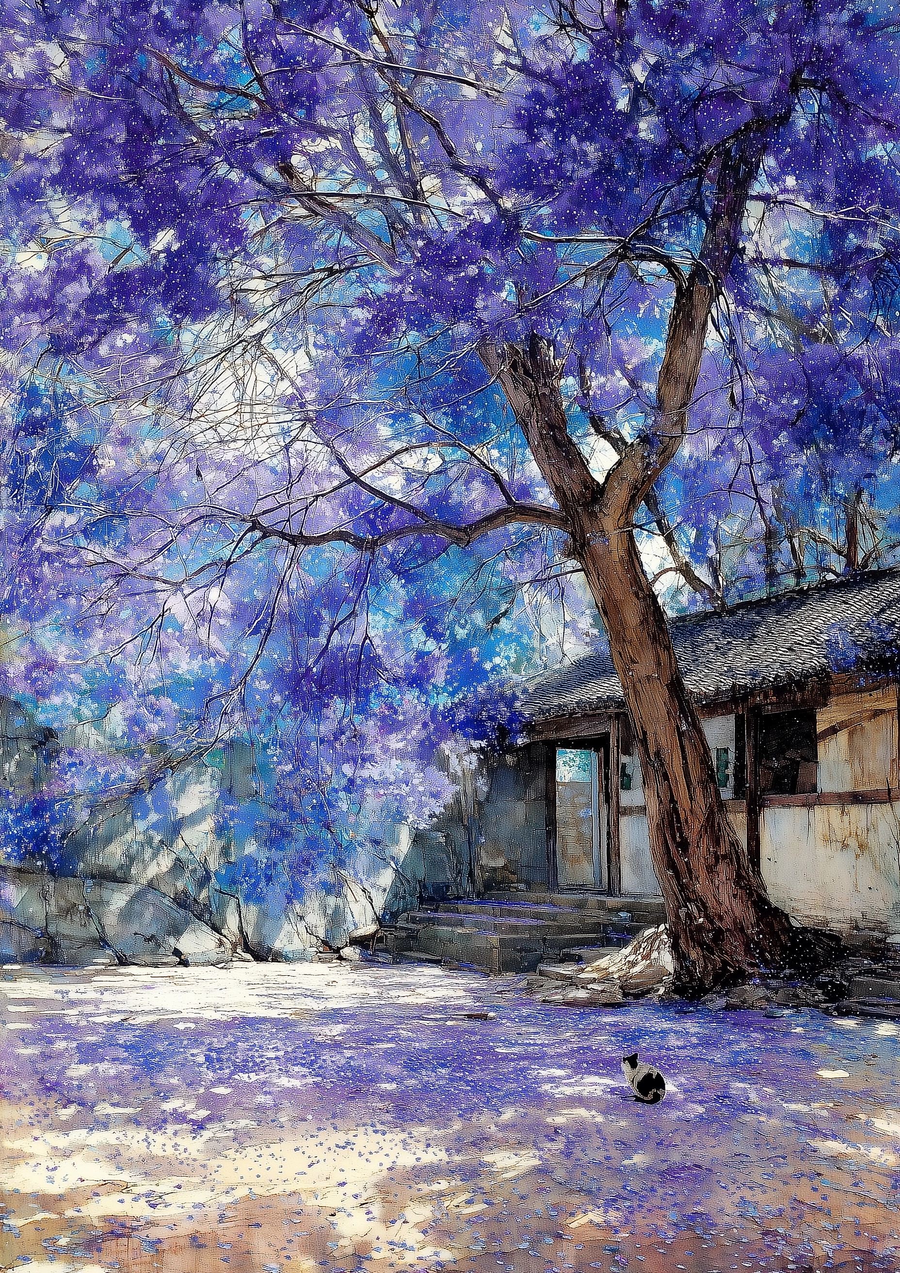A large, leafy jacaranda tree, covered in bluish-purple blossoms