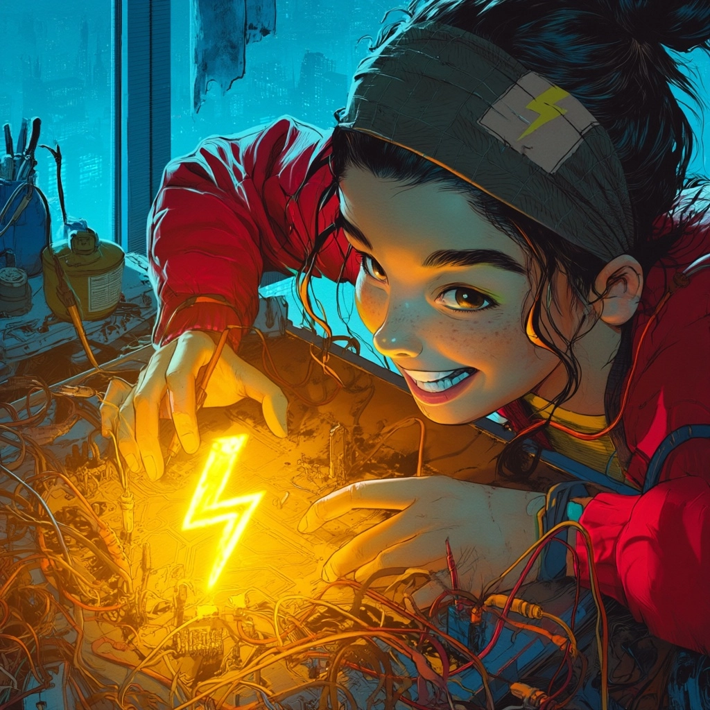 Una chica está concentrada trabajando en un circuito eléctrico del que destella una luz amarilla inc