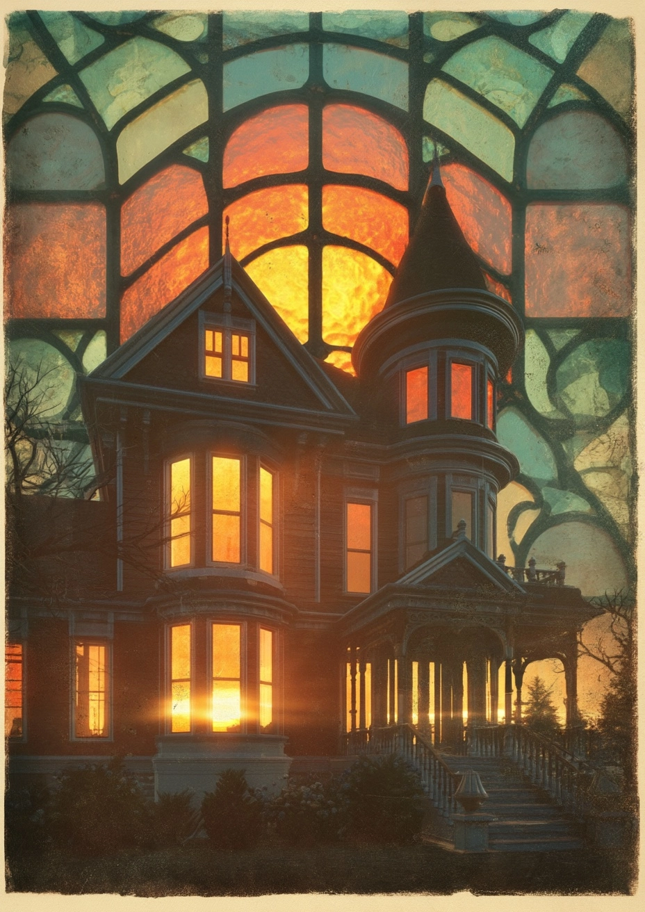 Victorian house in stained glass style, sunset light shining through colored panels