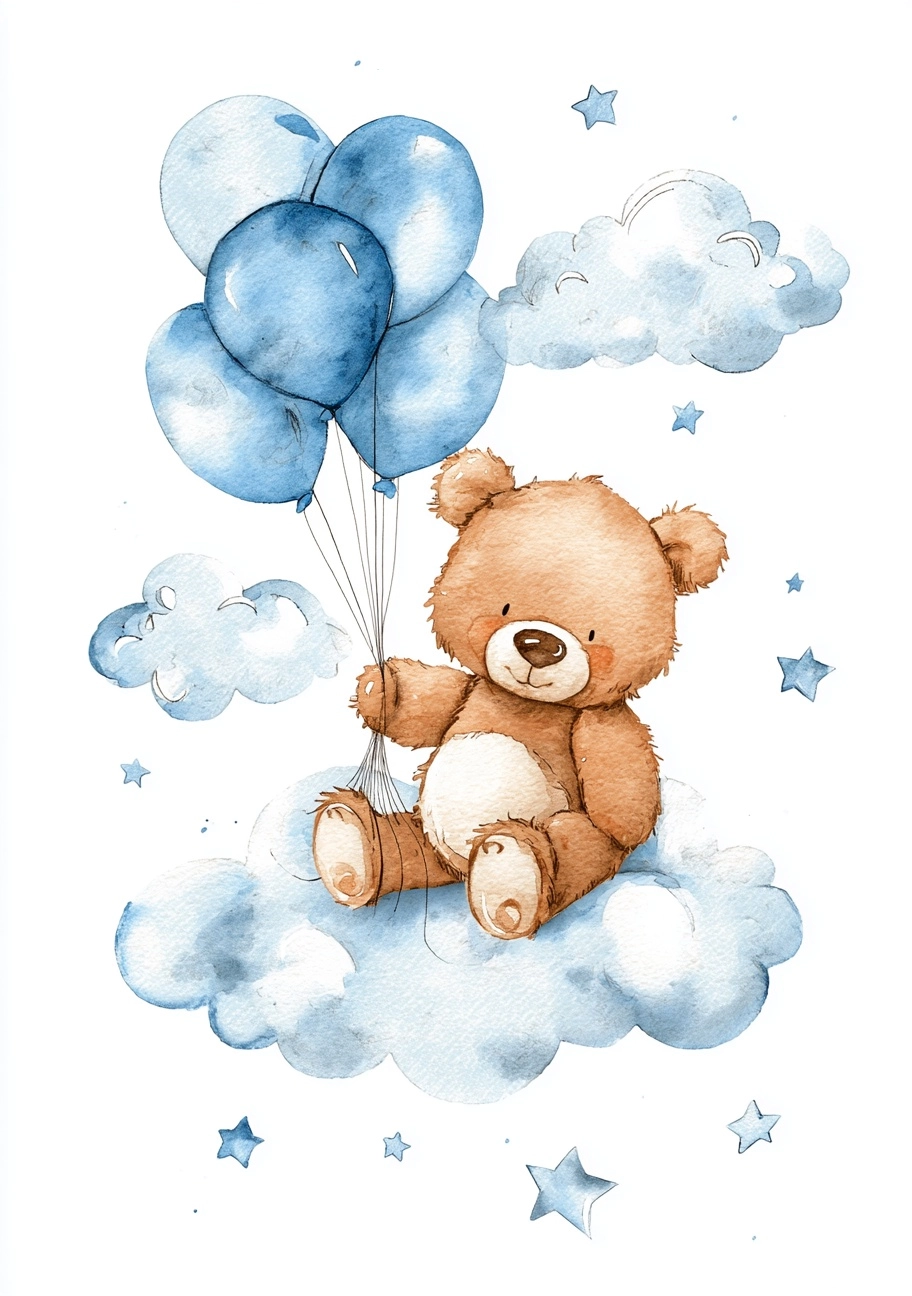 Watercolor, cartoon-style teddy bear holding blue balloons and sitting on clouds with stars around i