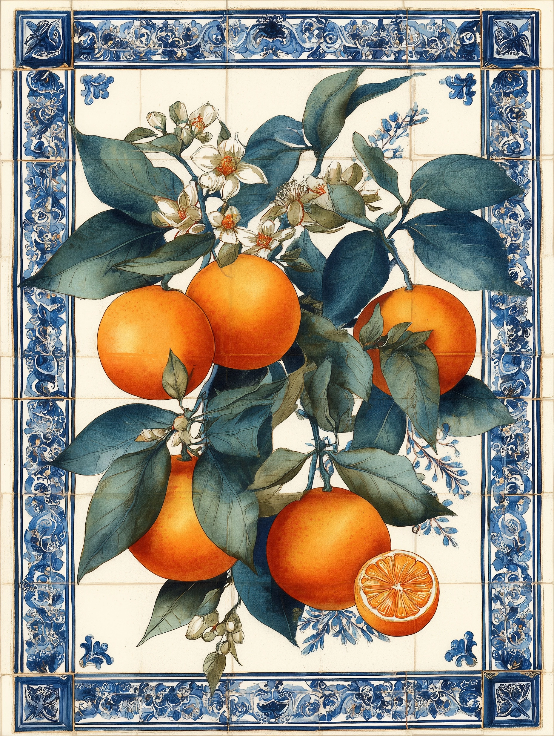 Watercolor contemporary painting, composition with central leafy oranges emons with some blosoms ora
