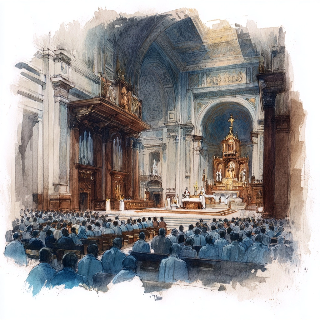 Watercolor painting of a Catholic mass in a large church