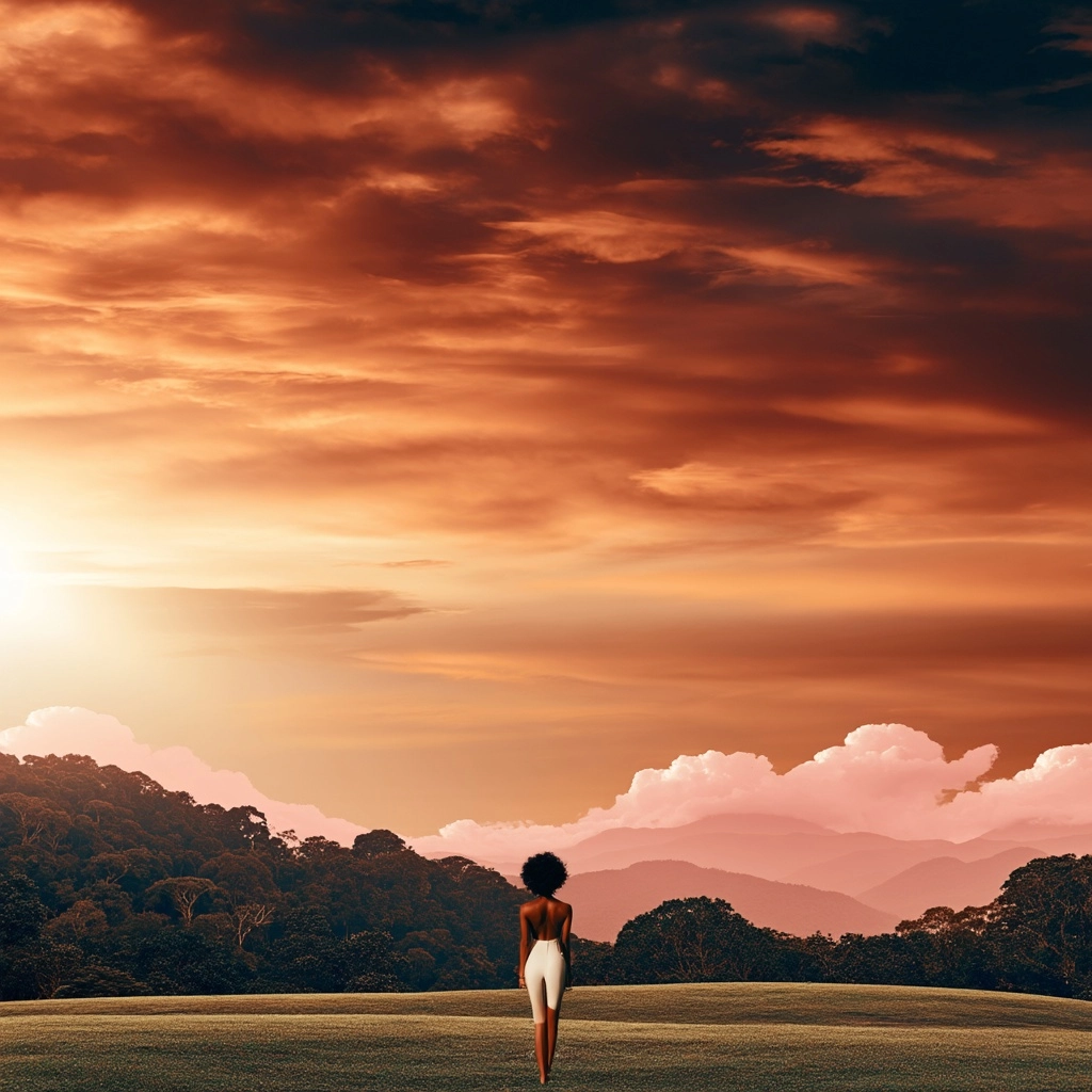 Wide cinematic scene, subject of an african american women small in frame, expansive environment