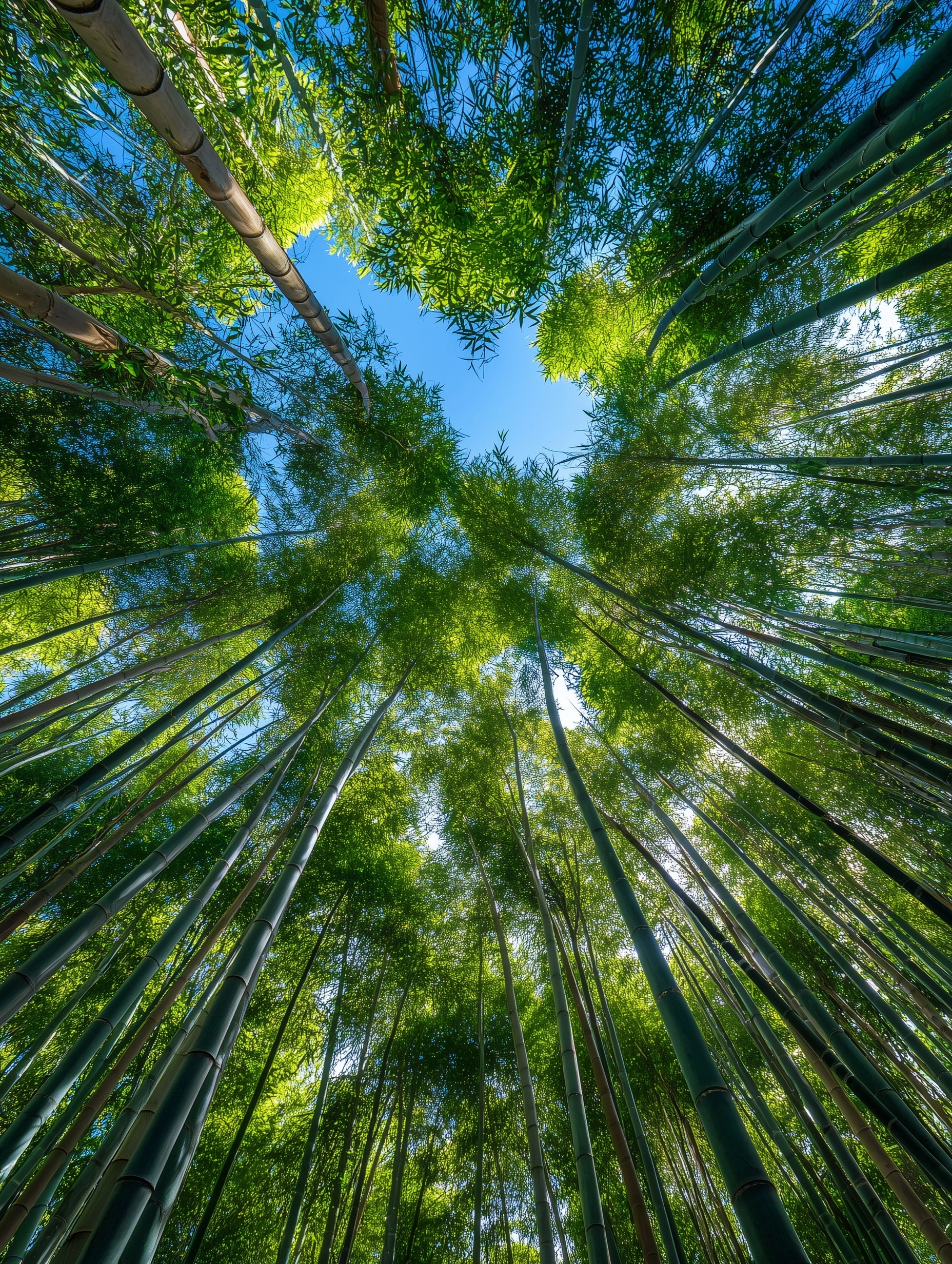 Visualize the Arashiyama Bamboo grove in Kyoto. Dramatic wide shot looking up at a dense canopy excl