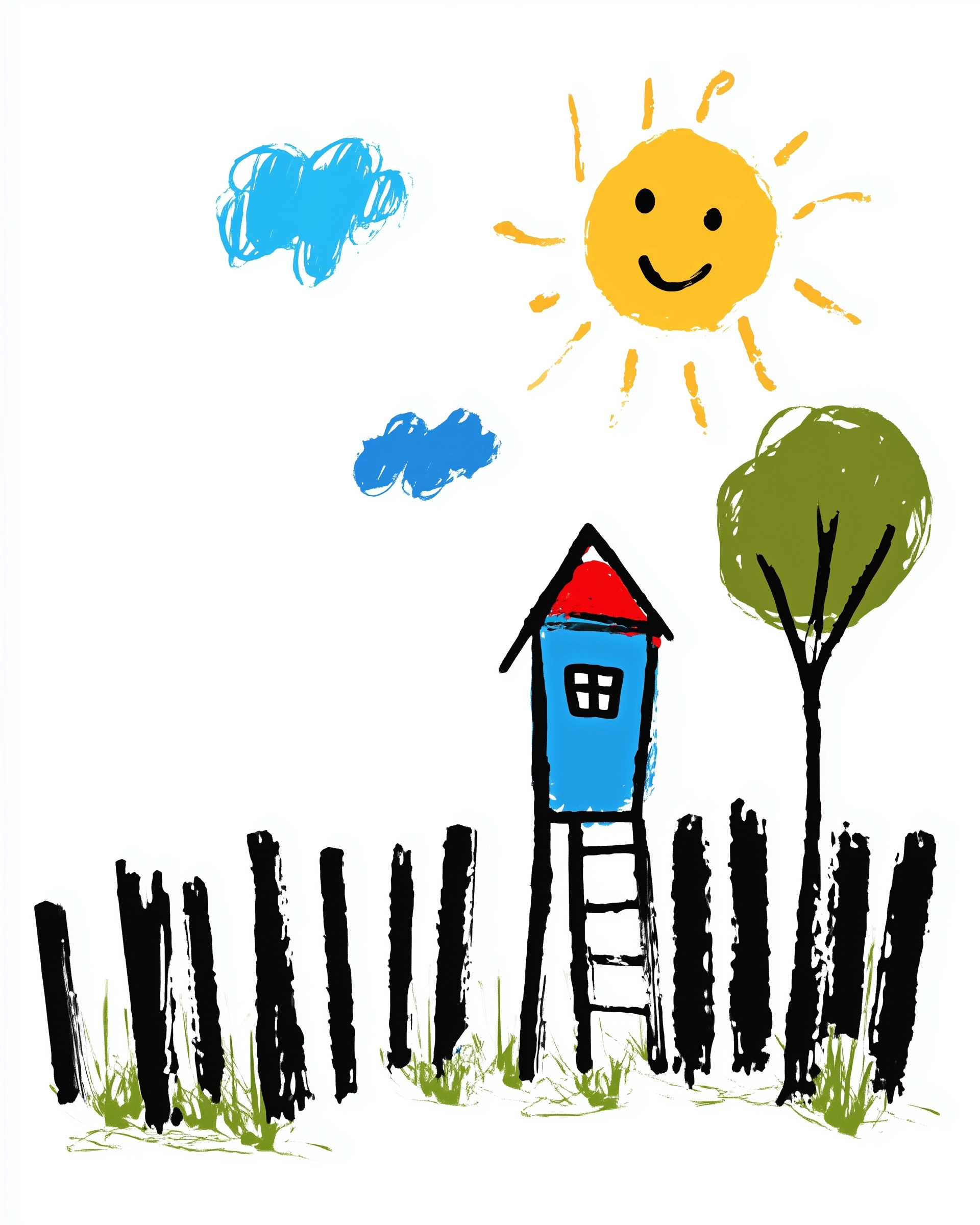 A conceptual streetwear graphic design, featuring one small cobalt-blue house with one sharp red roo