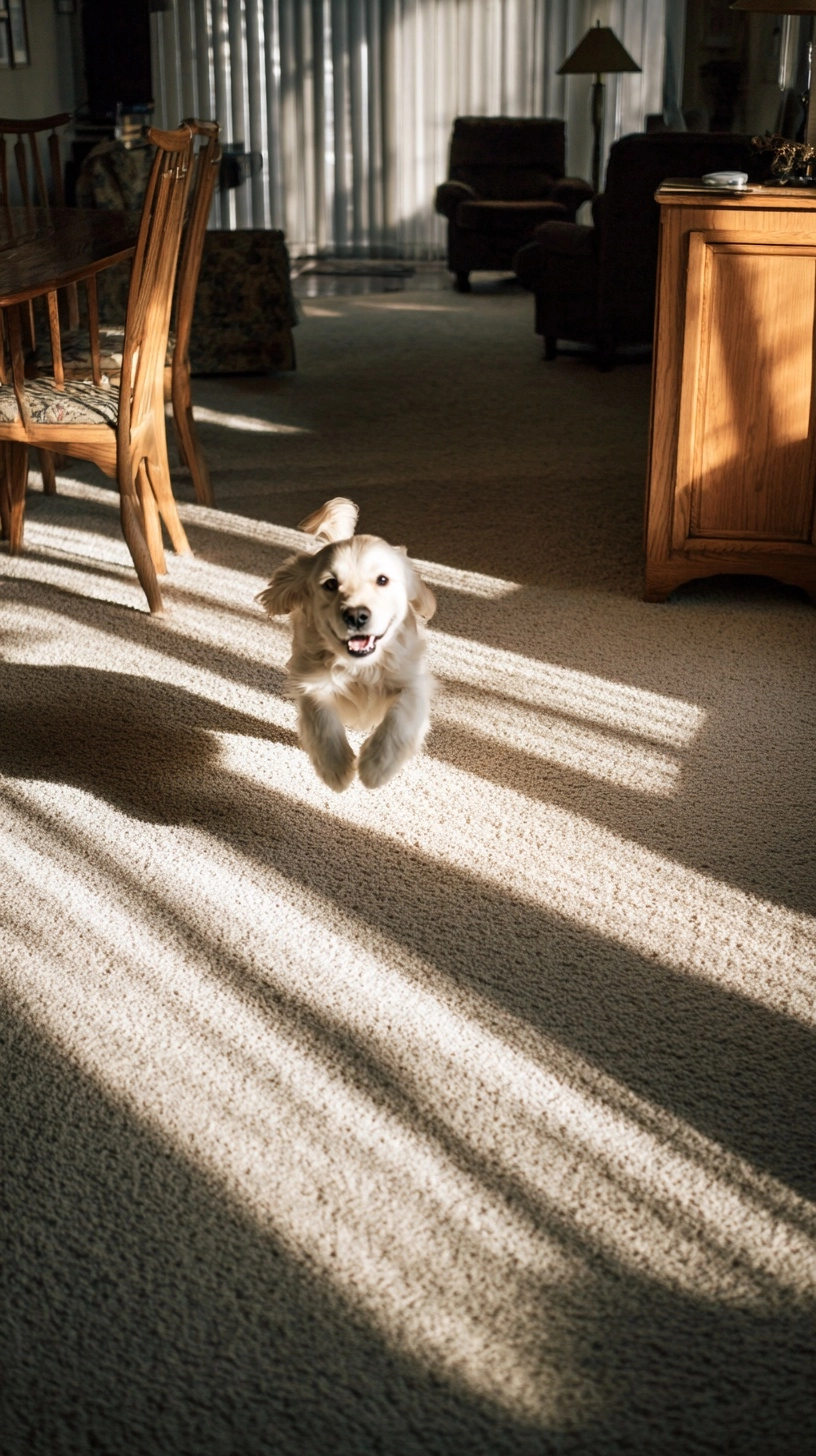First home, a dog running happily across an empty living room with sunlight streaming in