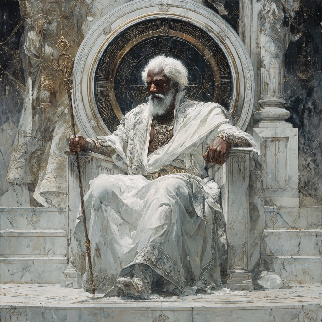 A black god of time and space, he is an old man with white hair, dressed in white robes