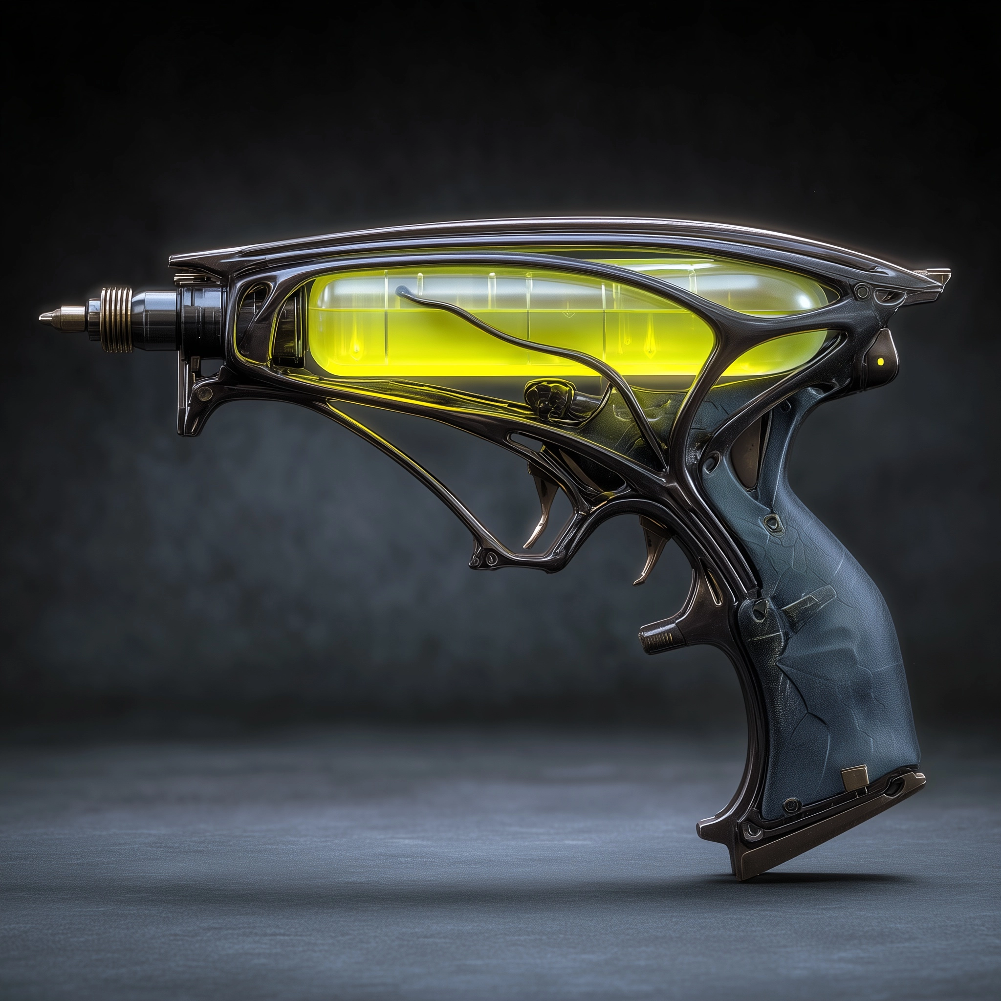 A biomechanical syringe device shaped like a futuristic gun, no needle