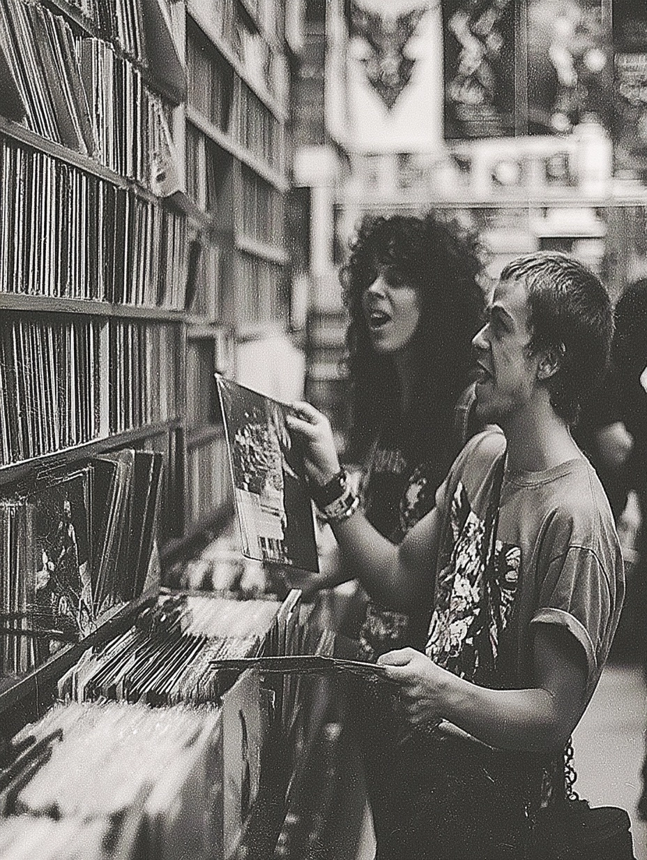 A black-and-white photograph of two people in an old record store