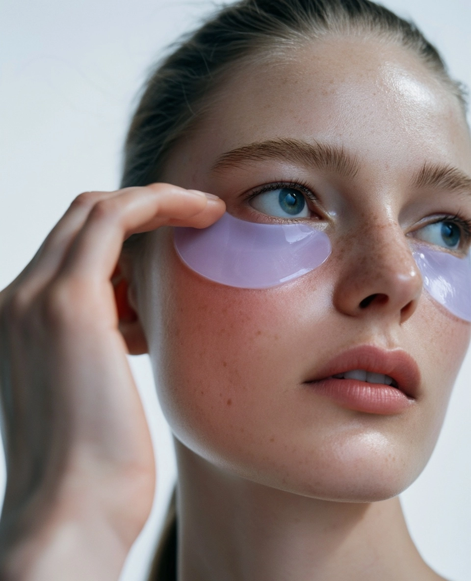 A model with light purple gel eye patches on her face, touching the area around her eyes