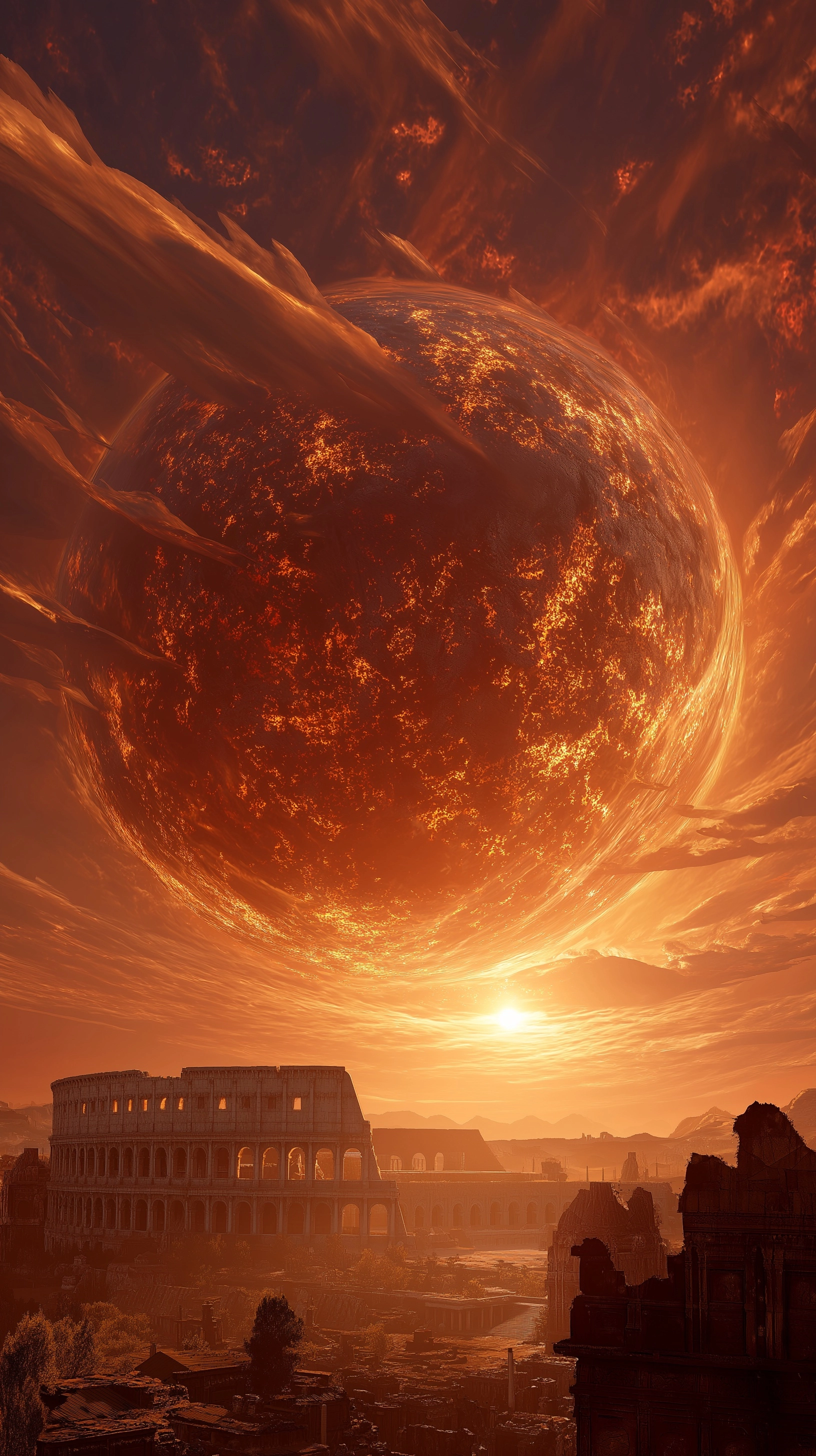 A colossal, cinematic planet dominating the sky at golden sunset