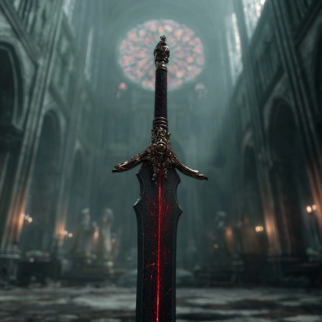 A dark fantasy sword shown in a dramatic close-up, vertically aligned but upside down