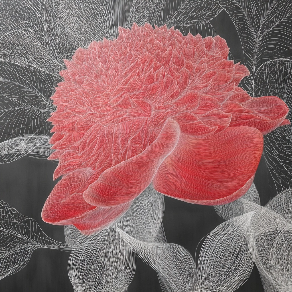 A detailed, hand-drawn illustration of a dark pink and red peony flower with intricate foliage