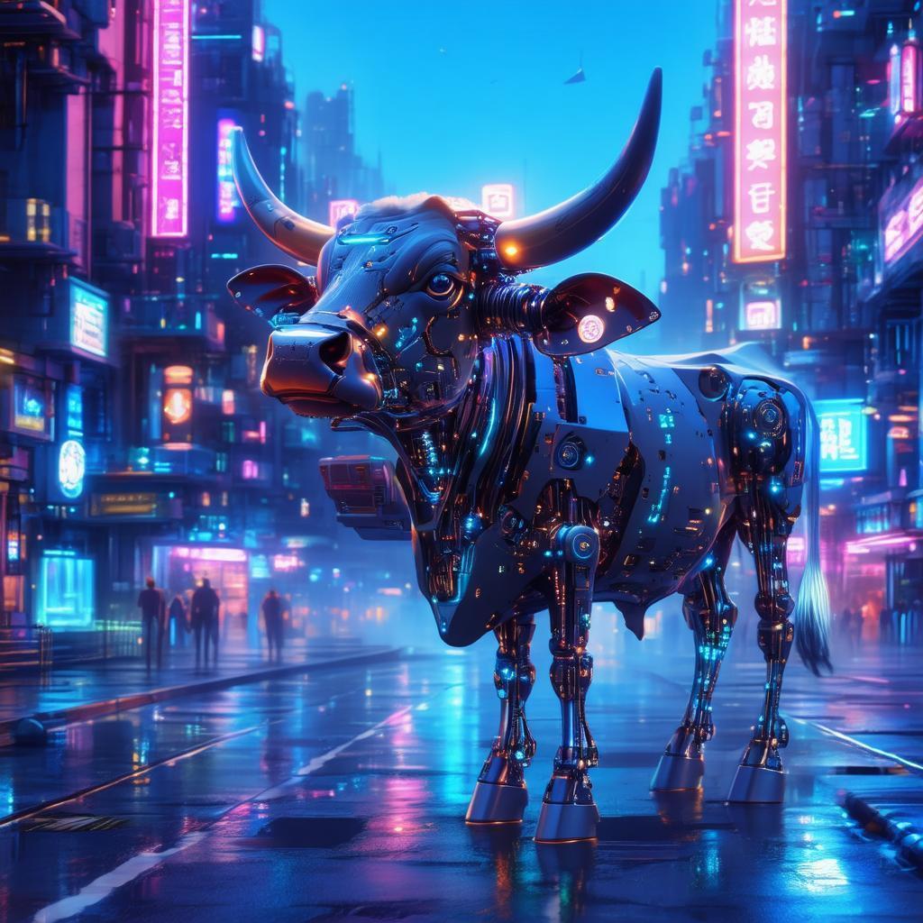 Cybernetic Cow Grazing the Neon Cityscape