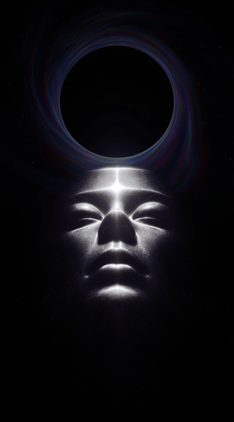 A face made of light glowing in the darkness, dark background, frontal view, symmetry