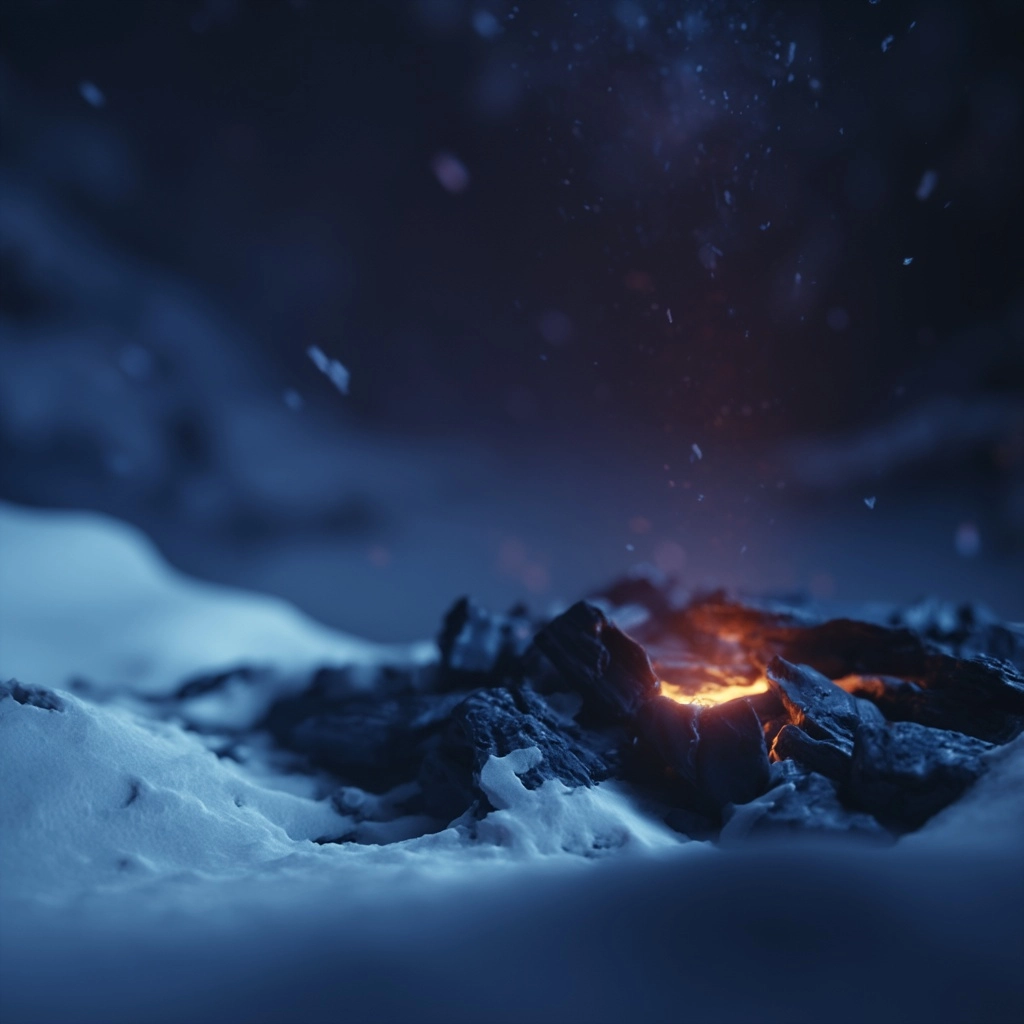 A faint glowing ember resting on dark charcoal, partially covered by fresh snow