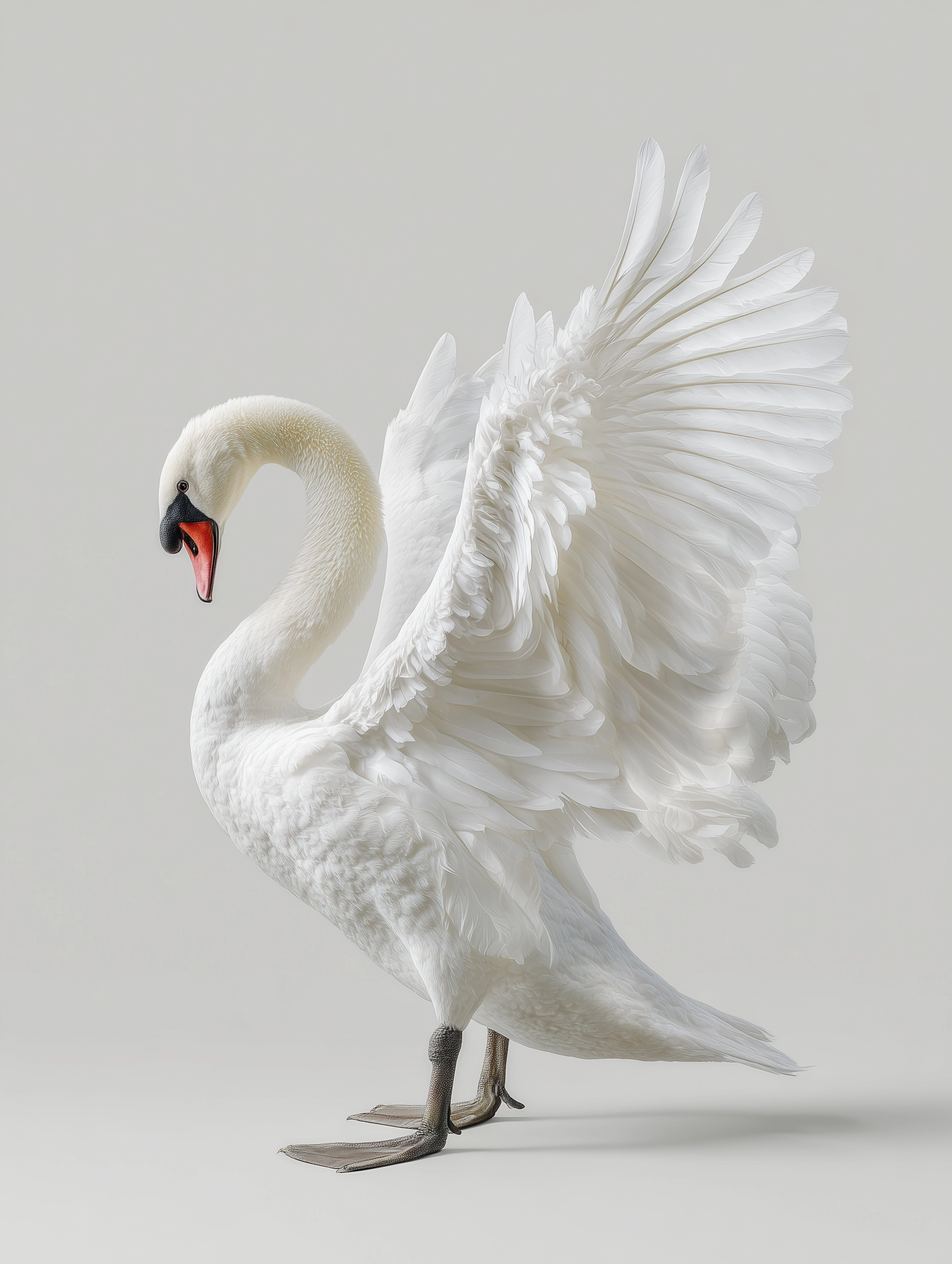 A full-body swan in an elegant vertical composition similar to a tattoo layout; wings fully spread u