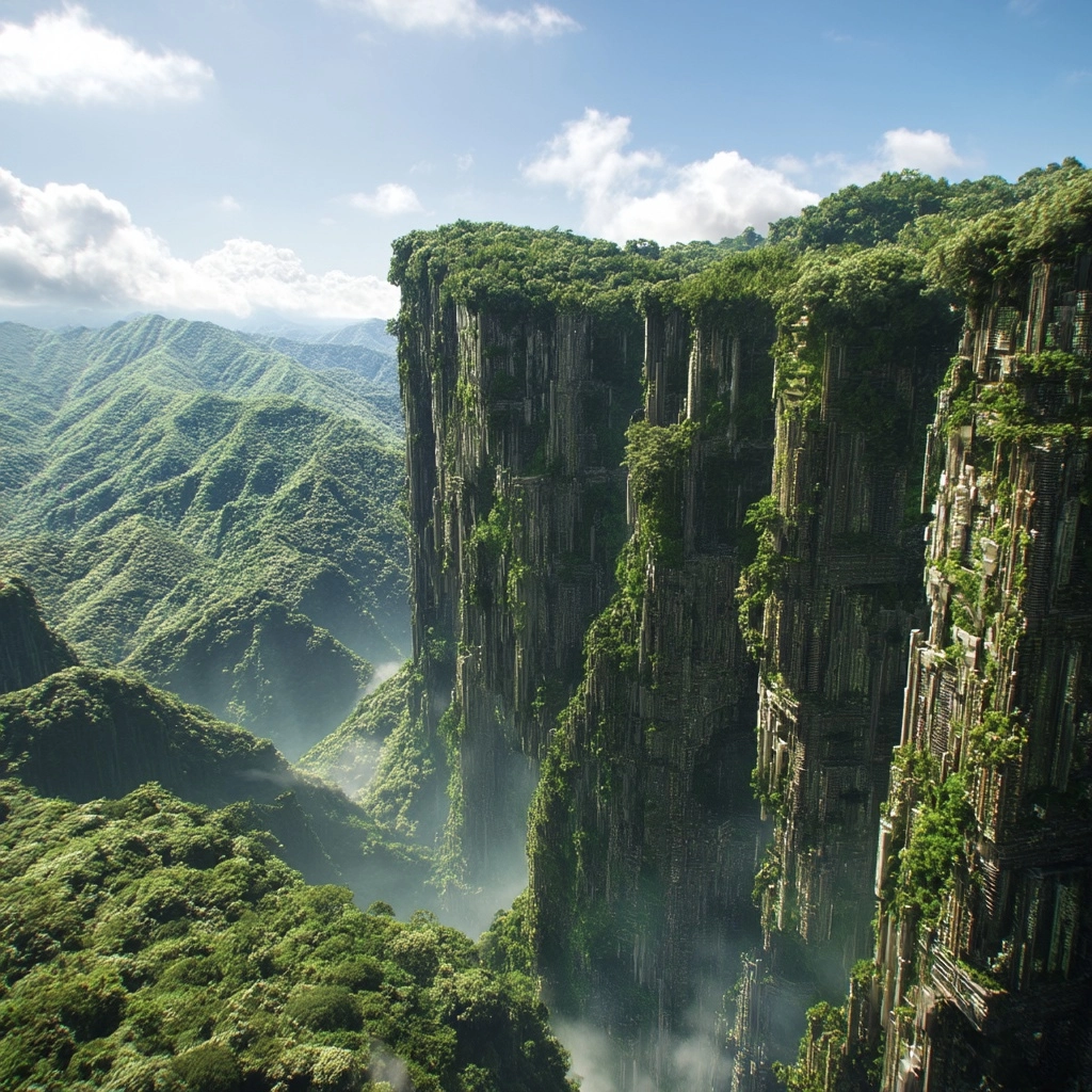A futuristic vertical city built into a cliff side, with lush greenery. the cliff side stands high a