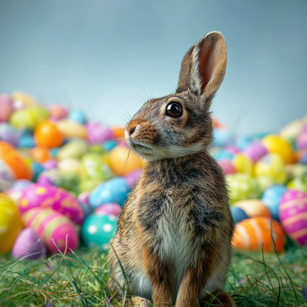 A happy rabbit celebrating Easter, an explosion of various colorful Easter eggs in an Easter setting