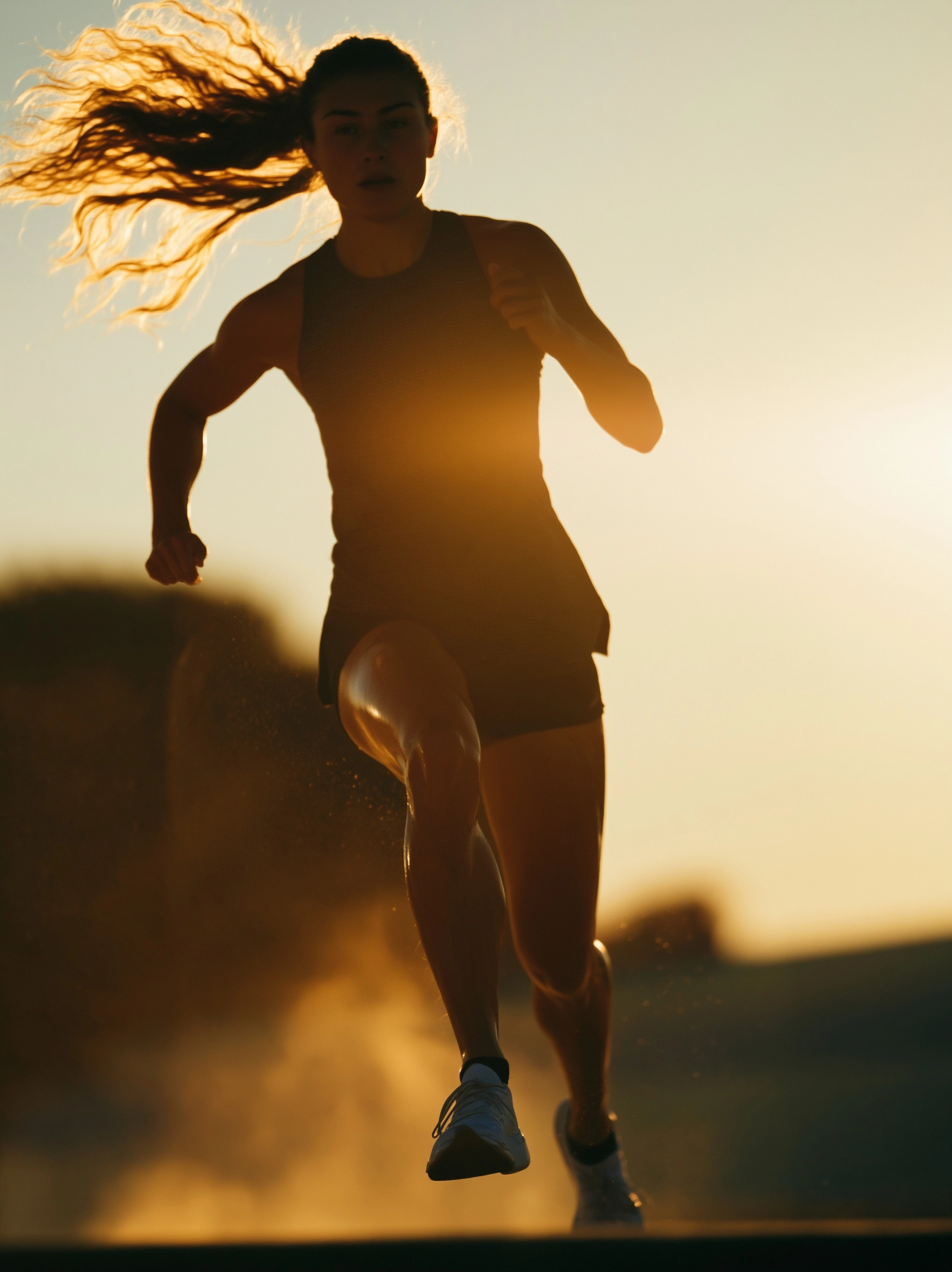 A highly realistic american female athlete in her mid-20s, captured mid-stride in a powerful