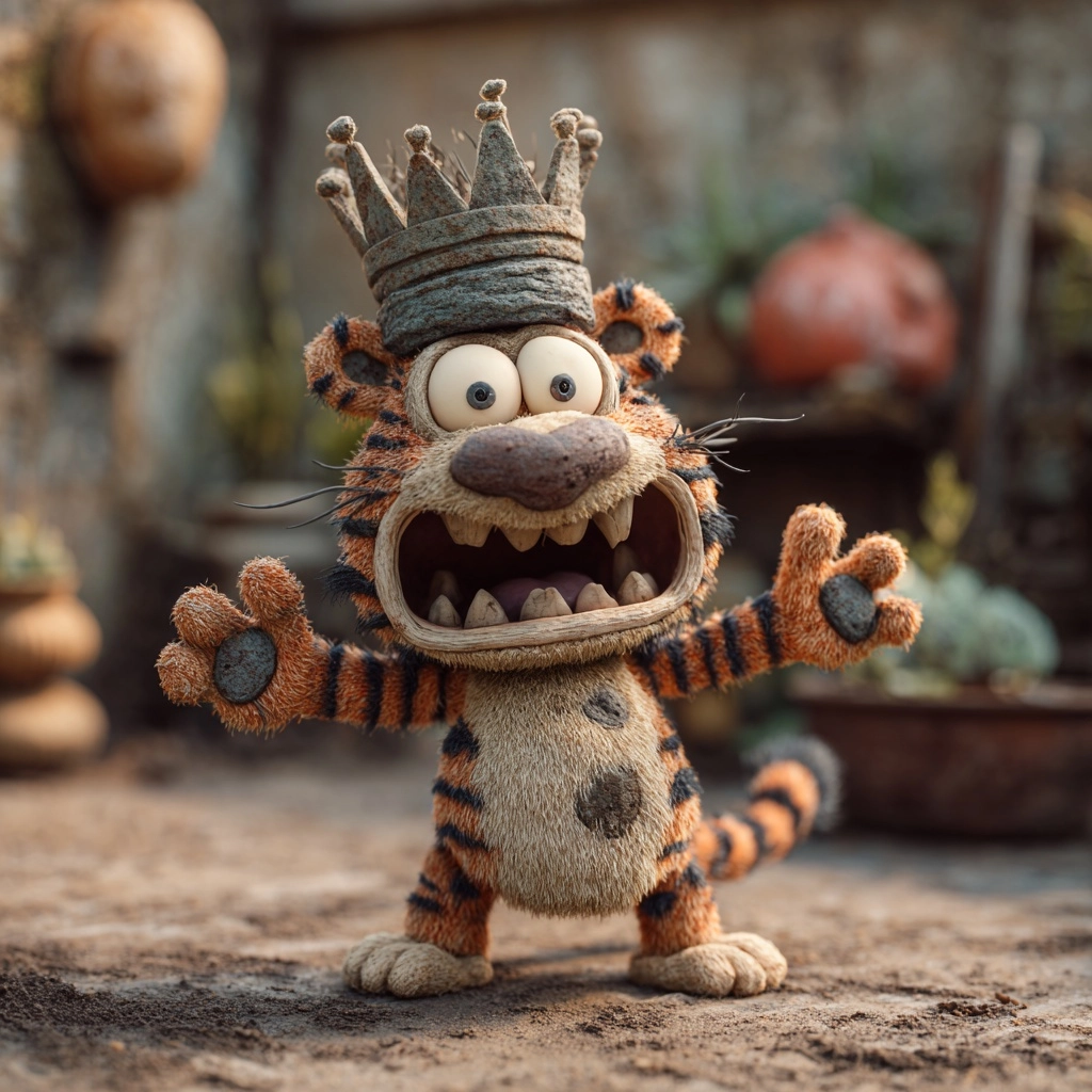 A cute tiger made of clay material, with a Pixar style, exaggerated expressions